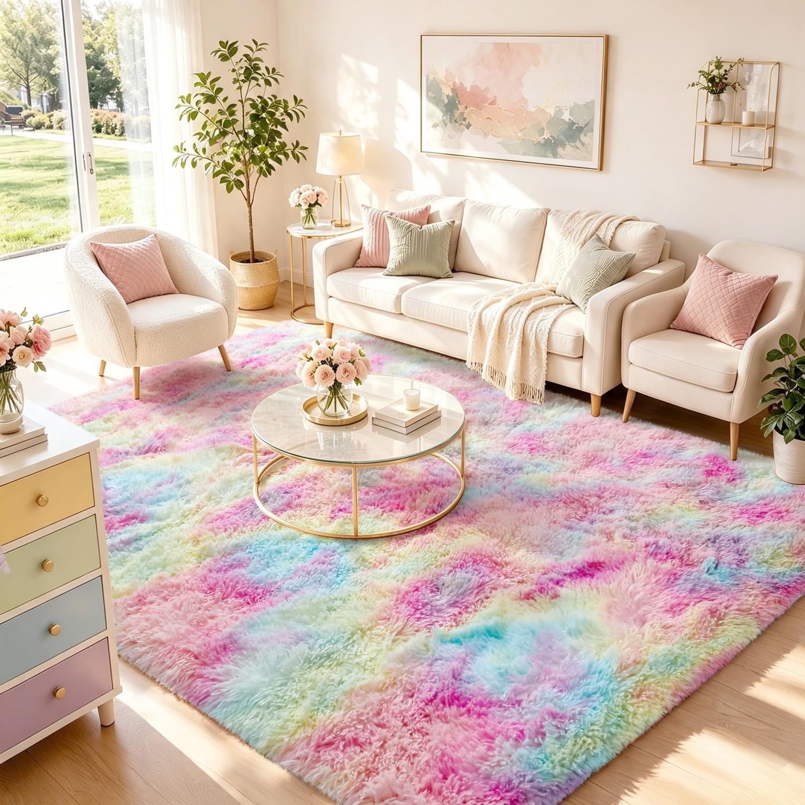 Ophanie 6x9 Rainbow Rug for Bedroom Girls, Unicorn Colorful Fluffy Soft Cute Fuzzy Area Rugs, Shag Plush Shaggy Bedside Floor Furry Carpet for Kids Baby Dorm Home Decor with Over 99 pcs Pile fibers
