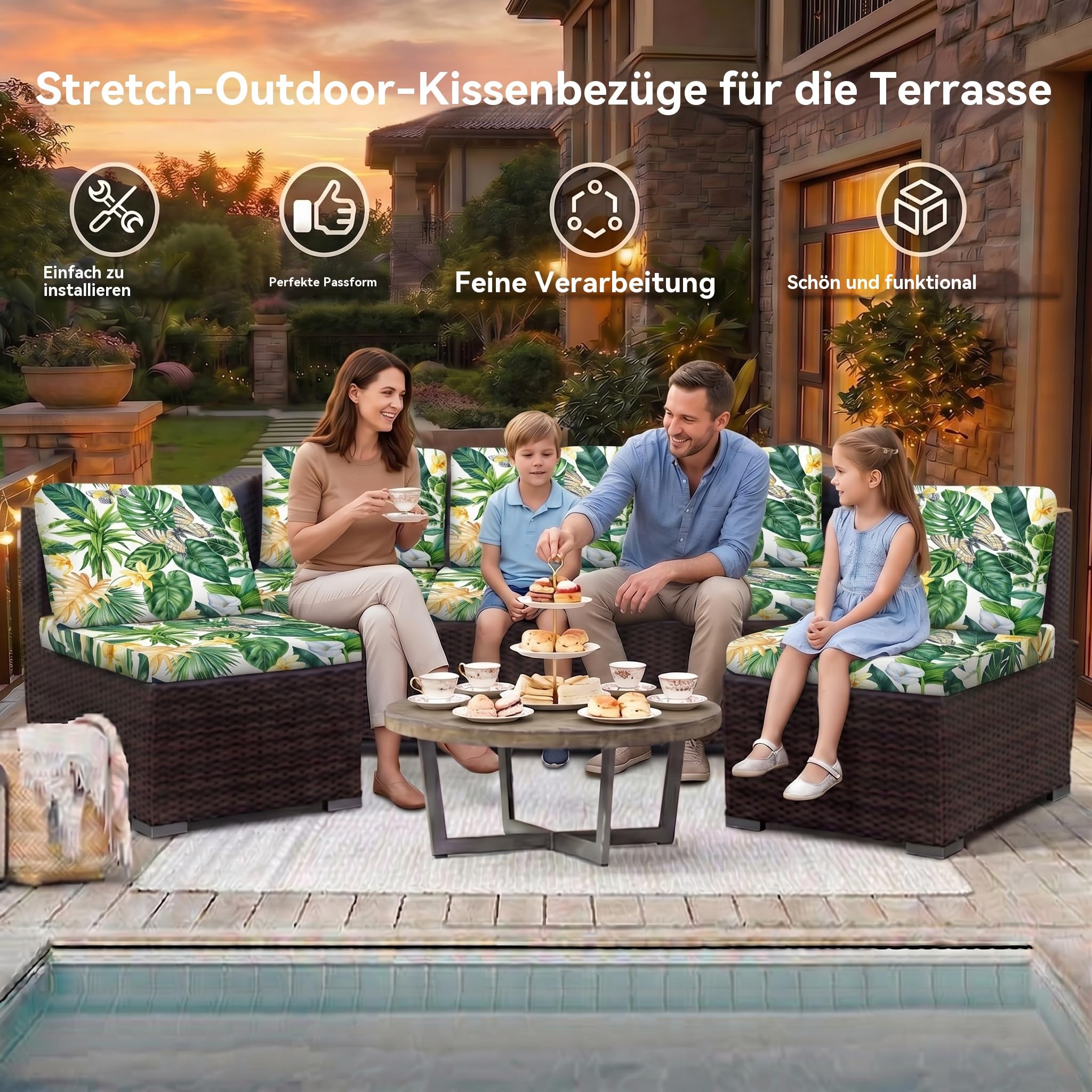 LiveGo Stretch-Sofa-Kissenbezug, Ersatz-Kissenbezug für Terrassenmöbel, Couch-Schonbezüge, Stuhl-Sitzbezug, weicher Flexibilitätsschutz (8, grüne Blätter)