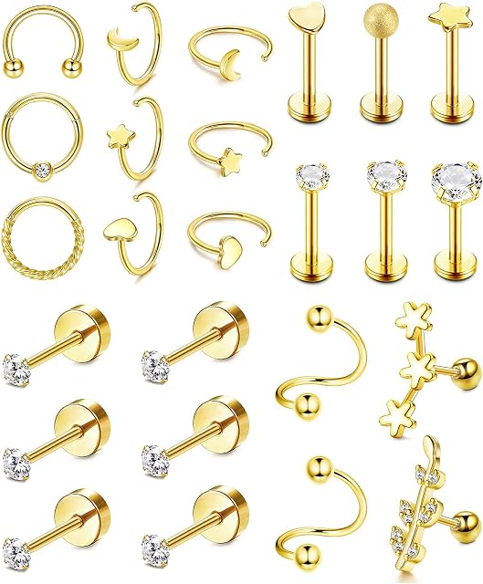 YADOCA 25PCS Cartilage Earrings for Women 20G 16G Stainless Steel Silver Rose Gold Black Forward Helix Tragus Conch Daith Piercing Jewelry