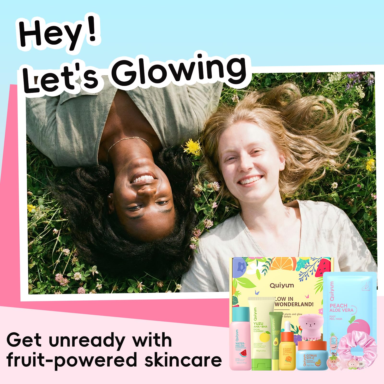 QUIYUM Fruit Skincare Gift Set - 10-in-1 Glow Routine + Cute Accessories, Hydrate, Glow, Strengthen Skin Barrier, All Skin Types, Ideal Gift for Teens Girls Women