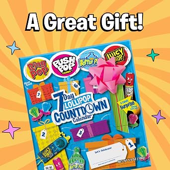 Bazooka Brands 7 Day Candy Countdown Calendar, Full-Size Surprise Hard Candy Lollipops From Ring Pop, Push Pop, Baby Bottle Pop & Juicy Drop, Fun Customizable Gift Box for Kids Party Favors and Prizes