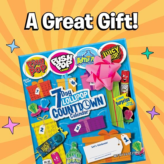 Bazooka Brands 7 Day Candy Countdown Calendar, Full-Size Surprise Hard Candy Lollipops From Ring Pop, Push Pop, Baby Bottle Pop & Juicy Drop, Fun Customizable Gift Box for Kids Party Favors and Prizes