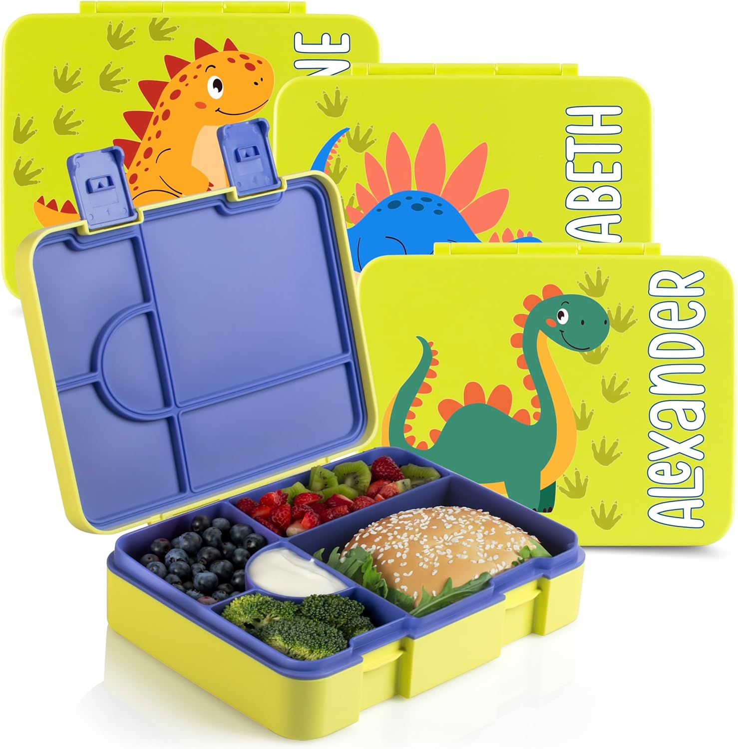 Personalized Bento Box for Kids with Dinosaur Theme and Name - Yellow - 5 Compartments Drop-Proof Bento Box, Dishwasher Safe, Made with BPA-Free Materials, Bento Lunch Box for Kids and Toddlers