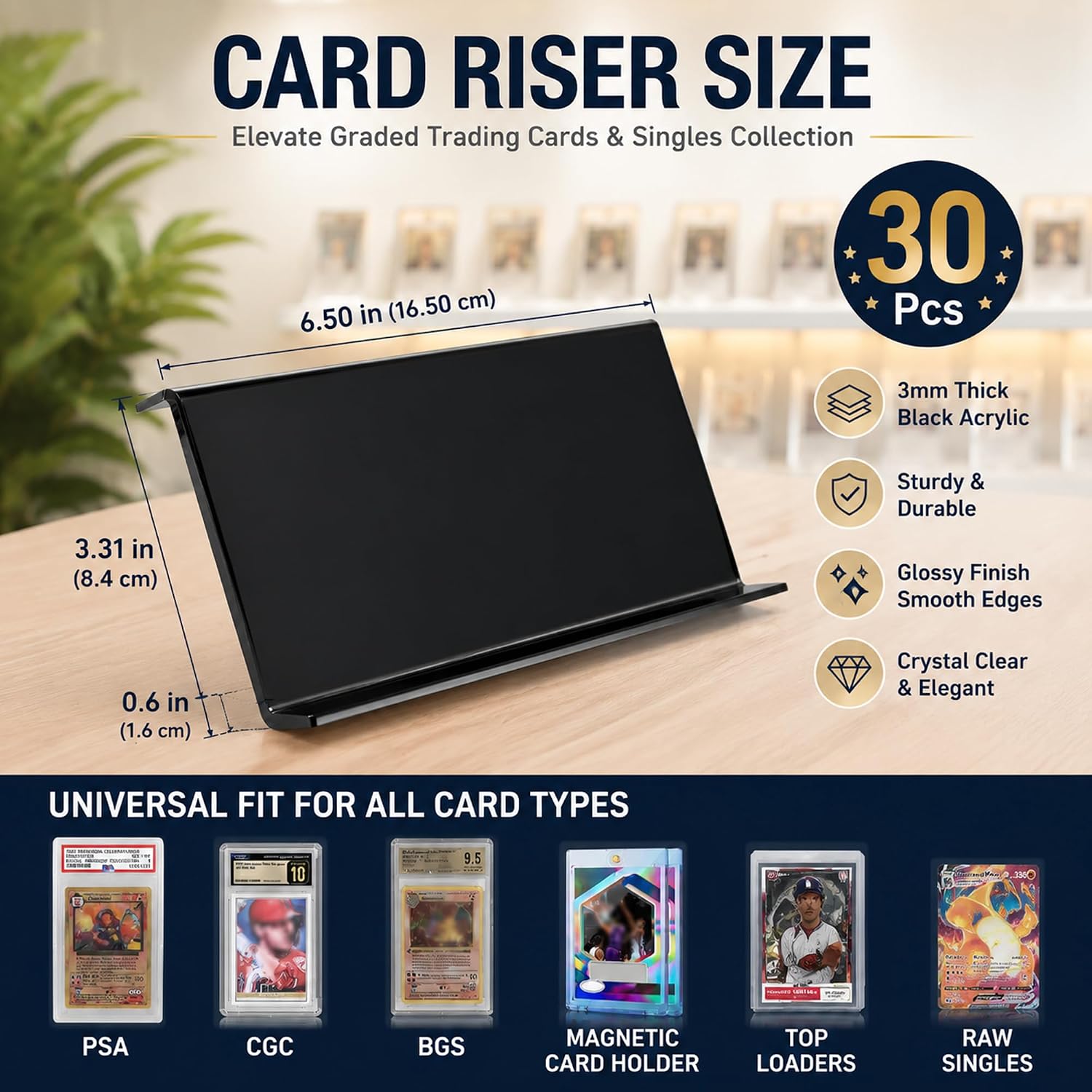 30 Pack Card Risers for Display Case,Black Acrylic Card Display Stand for Graded Cards,Sports Cards & Trading Card Games,Modular Display Risers for Card Show Booth, Retail Case and Collector Display