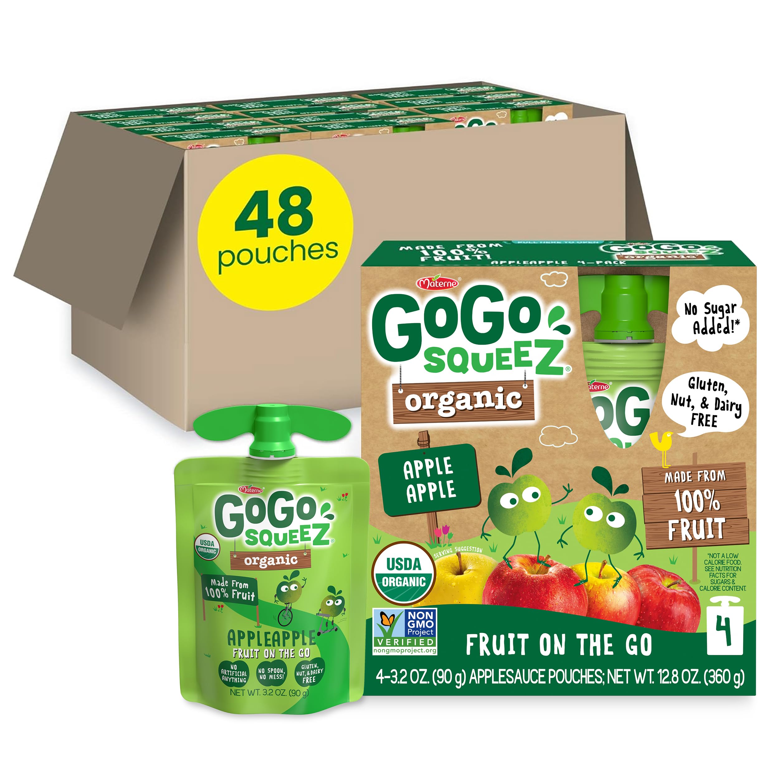 GoGo squeeZ Organic Applesauce and Fruit Puree, Apple Apple, 3.2 oz (Pack of 48), Unsweetened Organic Fruit Snacks for Kids, Gluten Free, Nut Free and Dairy Free, Recloseable Cap, BPA Free Pouches
