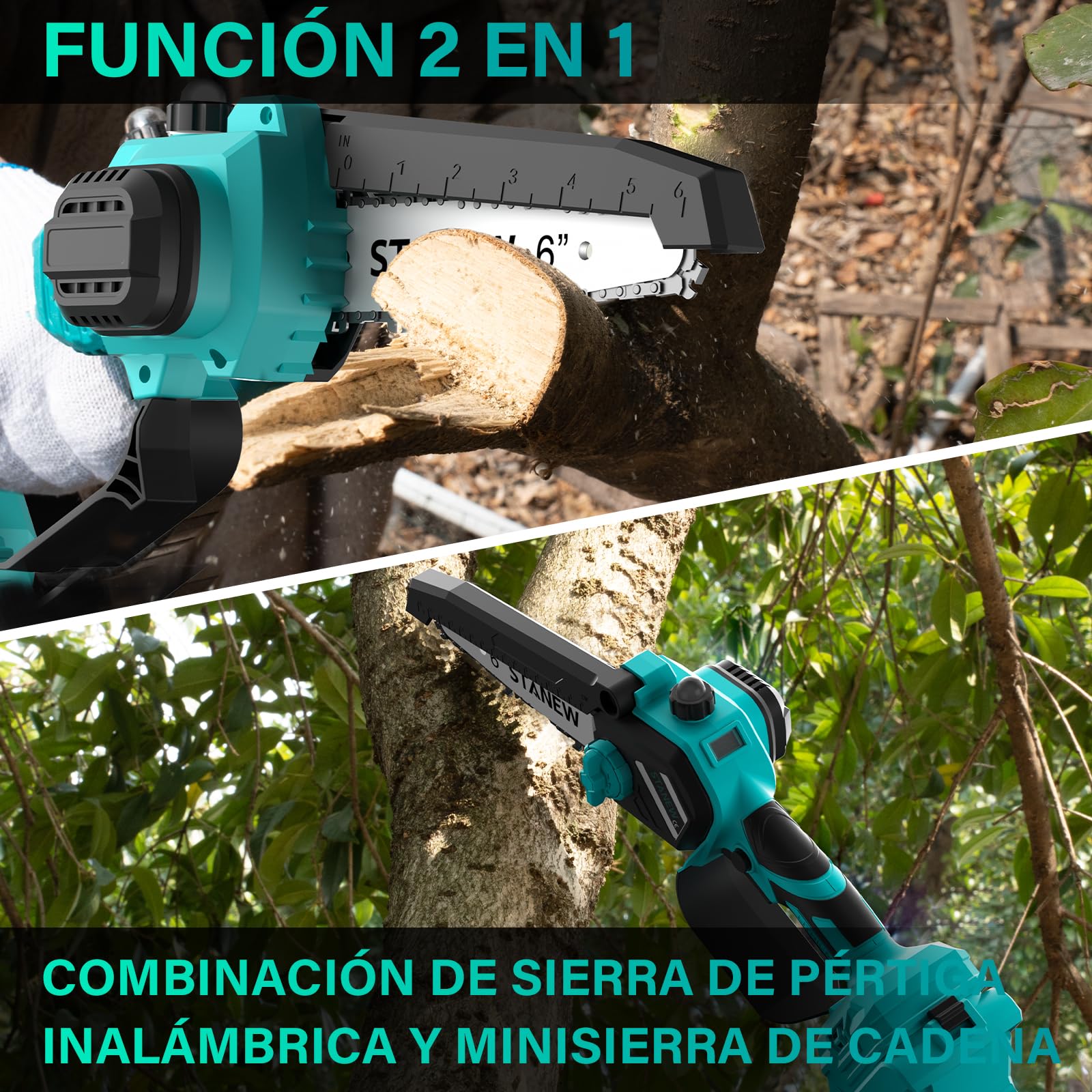 Stanew Motosierra,Batería con 2 Baterías 4000 mAh y 6 Pulgadas | Alcance hasta 4,55 m,Regulación 0-120°,Pantalla LCD,Ideal para Podar Árboles
