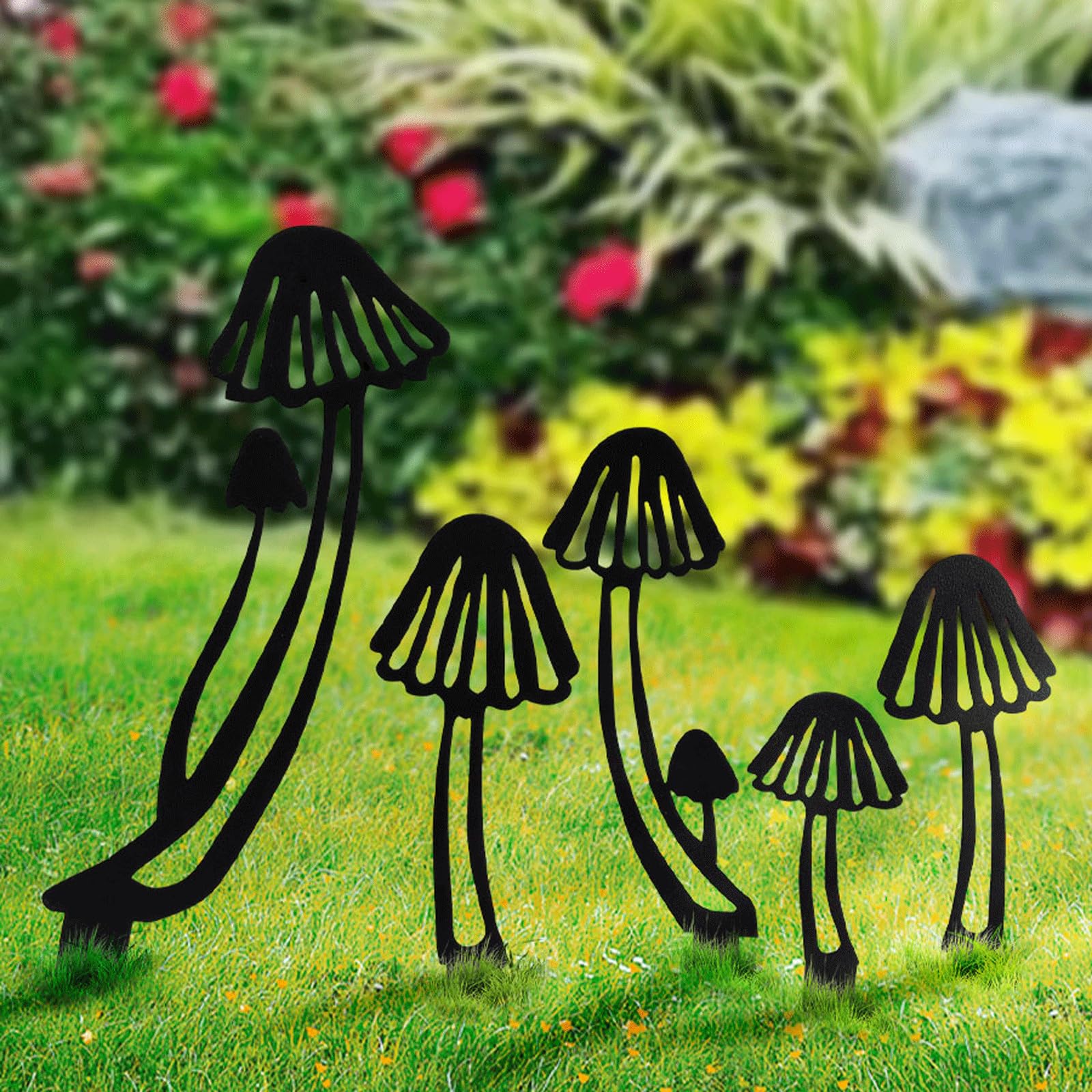 Posągi ogrodowe na zewnątrz, metalowa statuetka grzybowa, zestaw 5 czarnych posągów ogrodowych na podwórko, sztuka i dekoracja, rzeźba na zewnątrz, do ogrodu, na podwórko, ozdoby, dekoracja