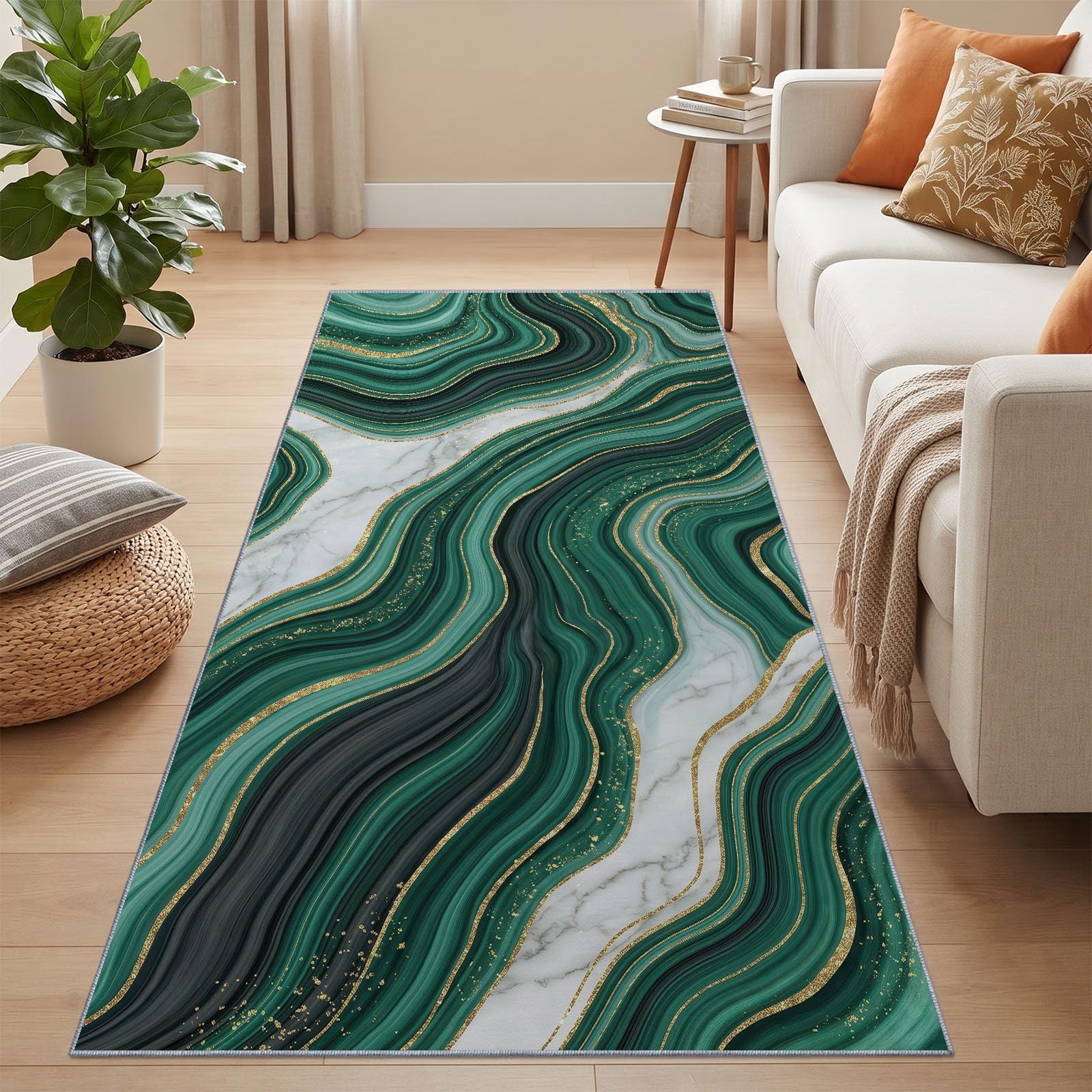 Tappeto passatoia moderno astratto per corridoio, verde e oro, 60 x 240 cm