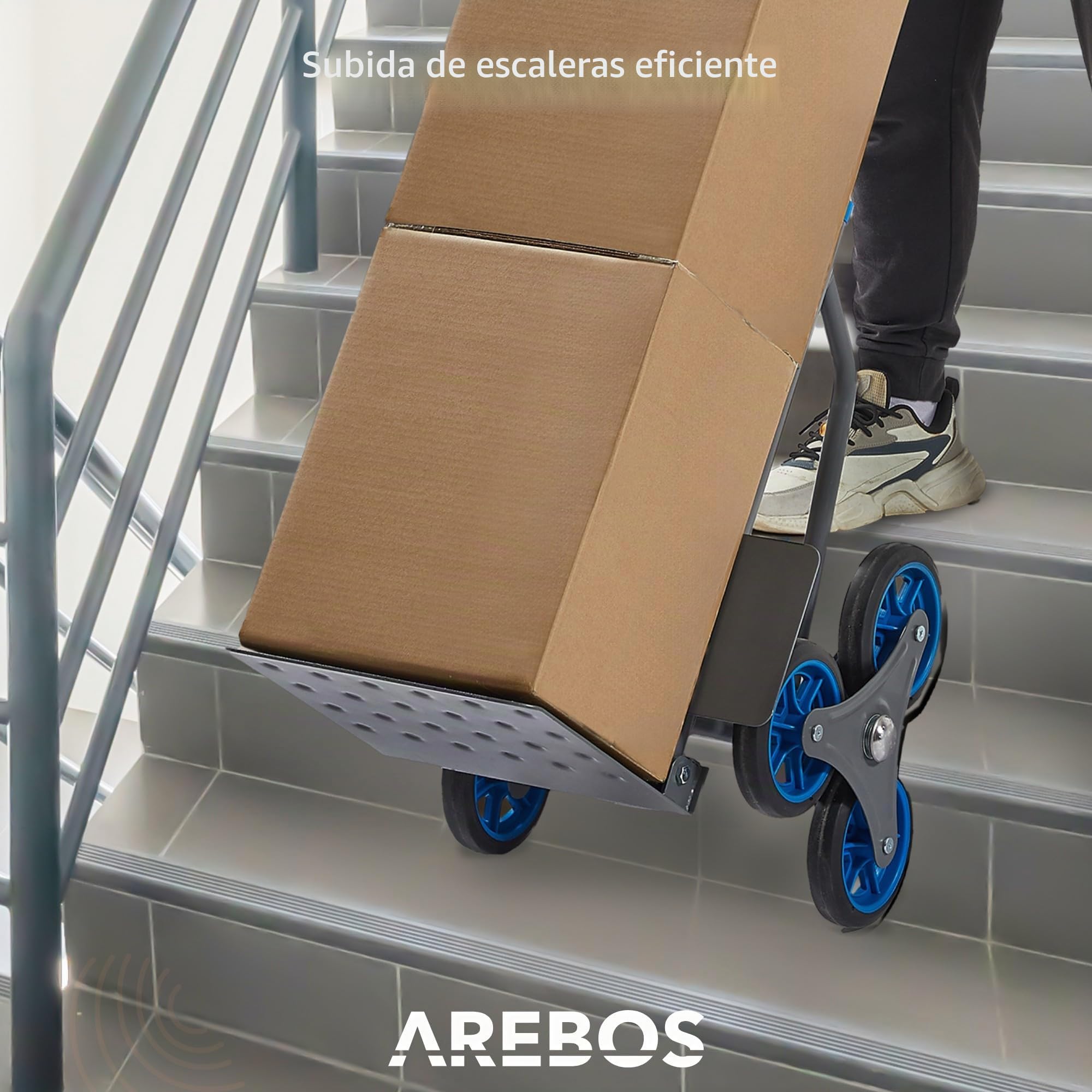 Arebos Carretilla para escaleras | Carretilla plegable para escaleras | Carretilla para subir escaleras con neumáticos de goma dura y marco de acero | Carretilla de transporte montacargas | Carro de