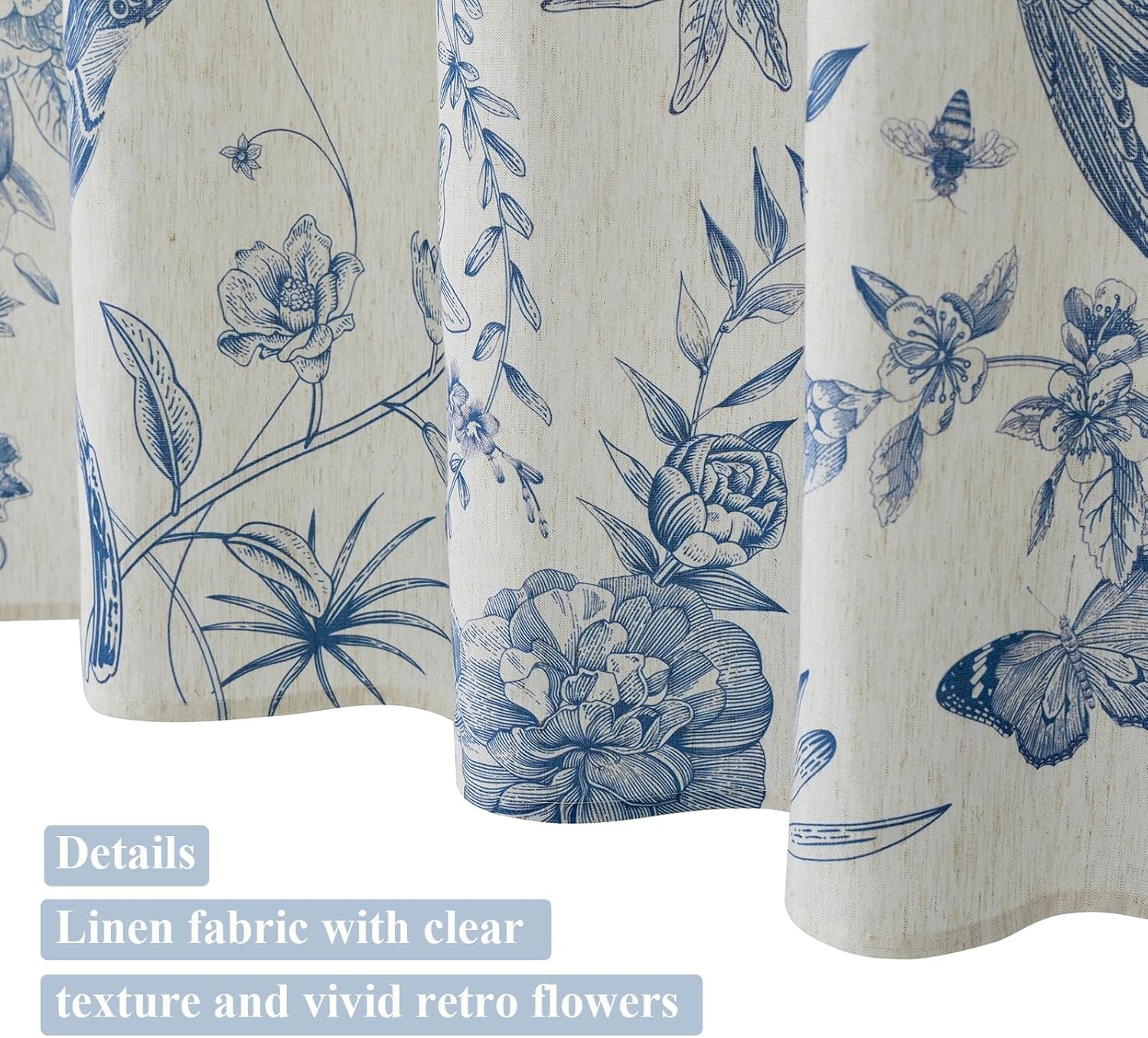 ORTIGIA Linen Shower Curtain Farmhouse Vintage Blue Birds Floral Shower Curtains Spring Summer Boho Rustic Cottagecore Decor for Bathroom 72 W x 72 L