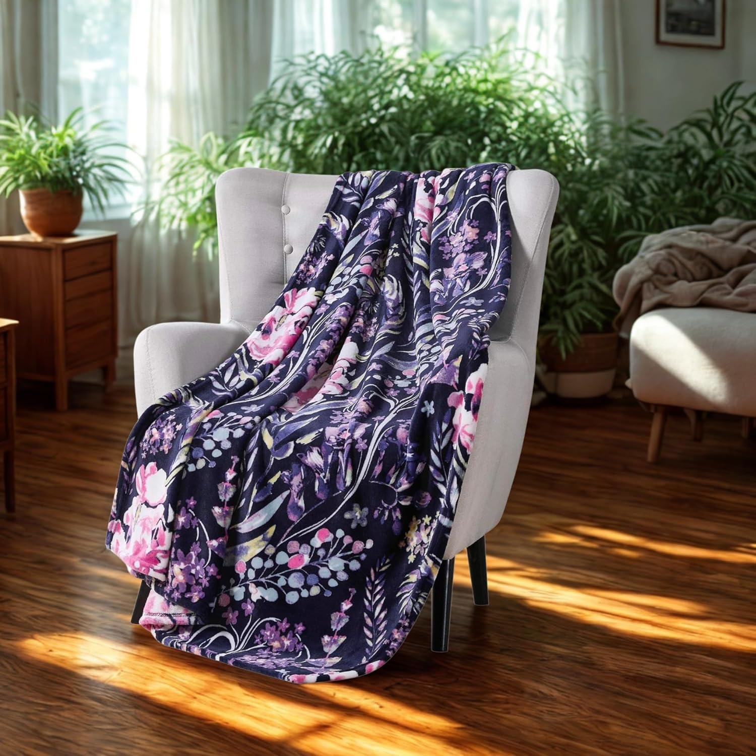 Floral Fleece Throw Blanket: Flowers Velvety Soft Vibrant Botanical Accent for Couch or Bed, Colors: Dark Navy Blue Pink Purple Yellow Green White, Oversized 50" x 70" - Image 2