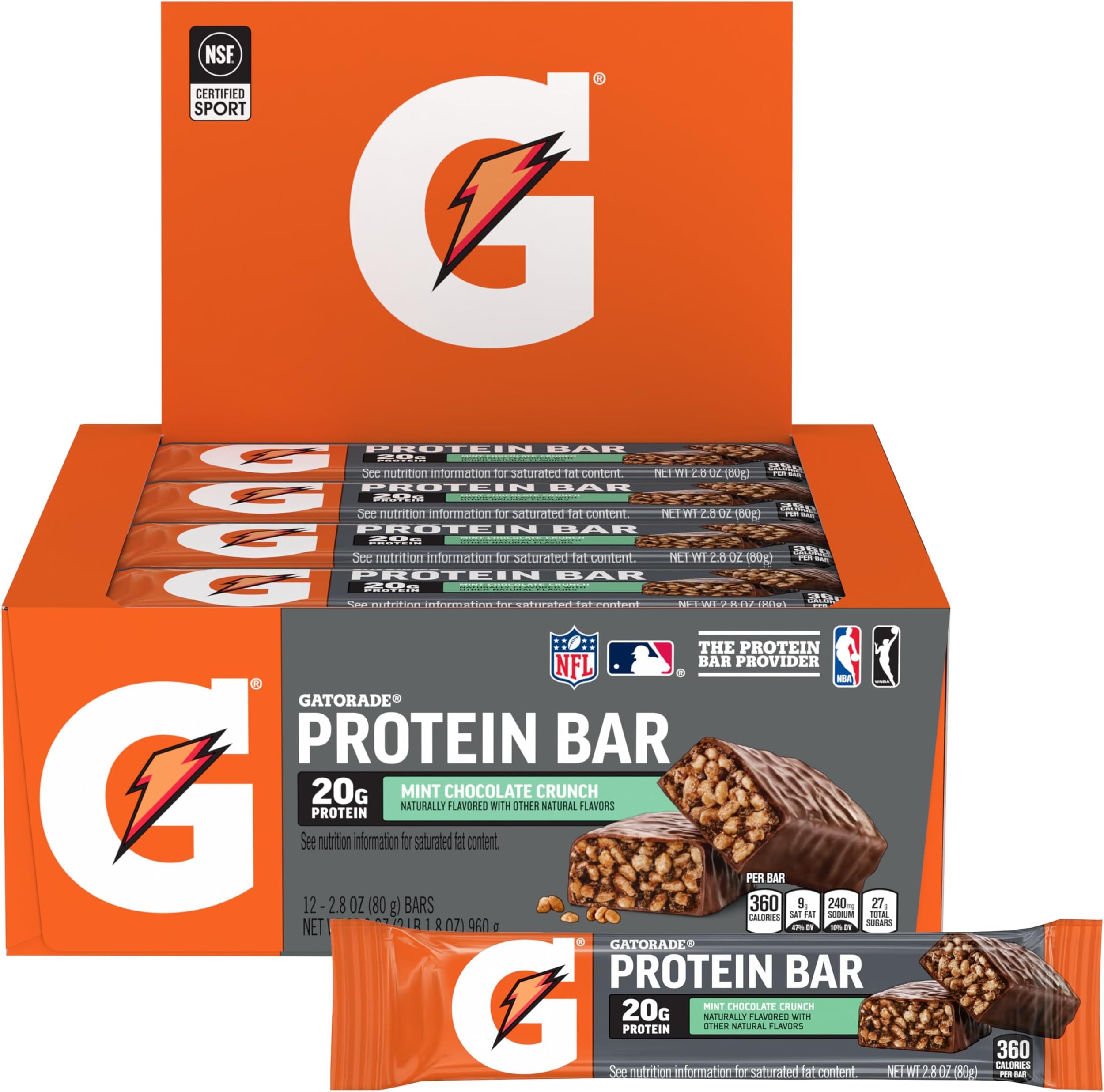 - Gatorade Whey Protein Bars, Mint Chocolate Crunch, 2.8 oz bars (Pack of 12, 20g of protein per bar)
