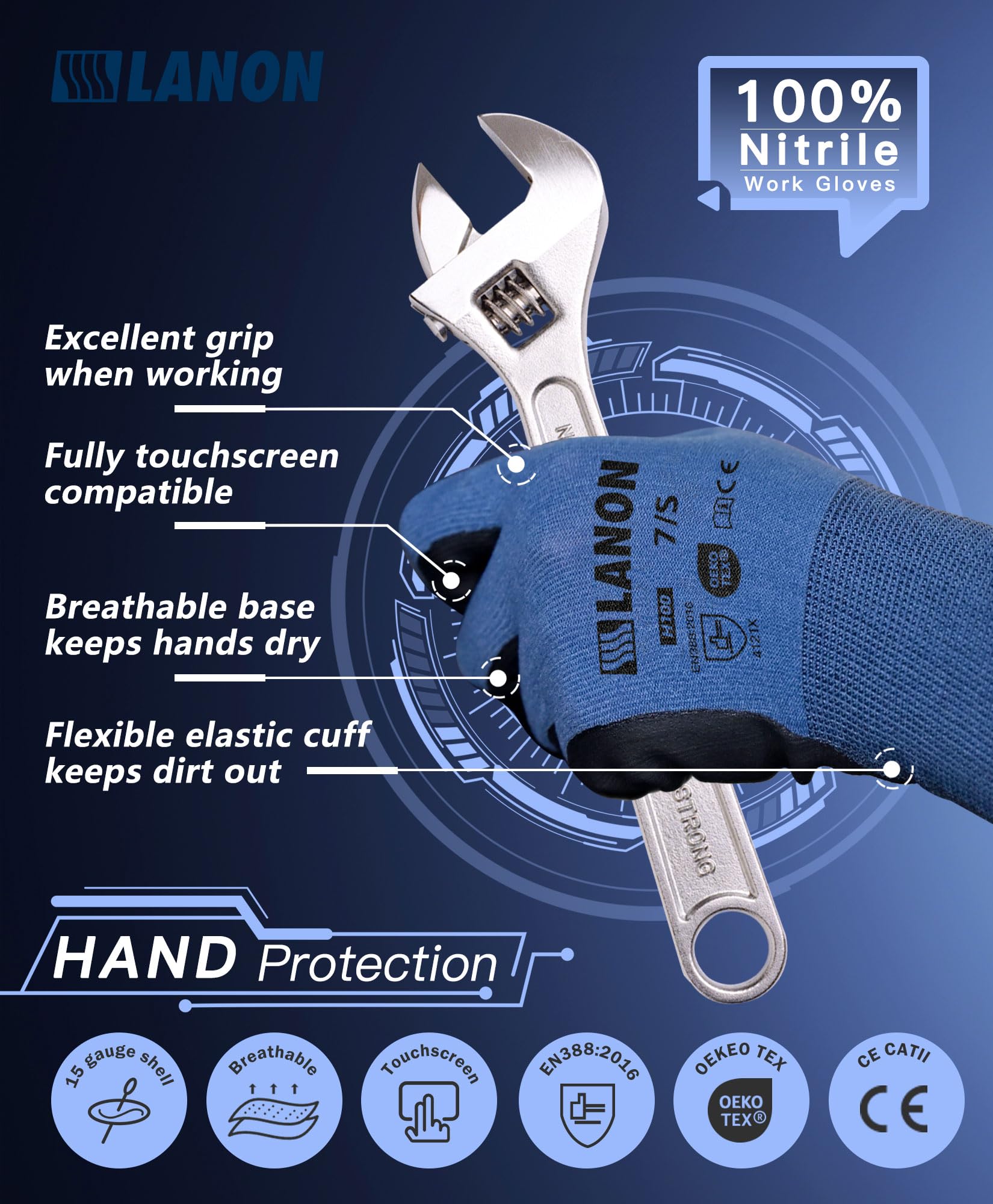 LANON 3 works Nitrile Coated Safety Work Gloves, Mechanic Working Gloves for Men Women Breathable, Skin Friendly, Anti-Slip Grip, S/7 - Image 2
