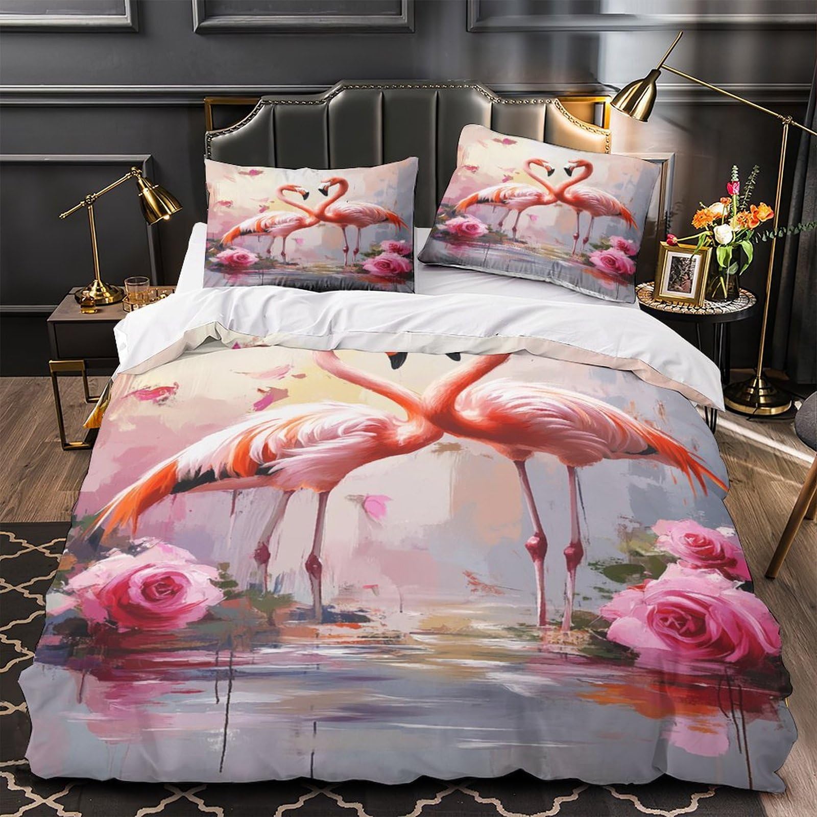 Housse de Couette Flamants Roses 3D en Microfibre Premium Inaltérable et Respirante King Size