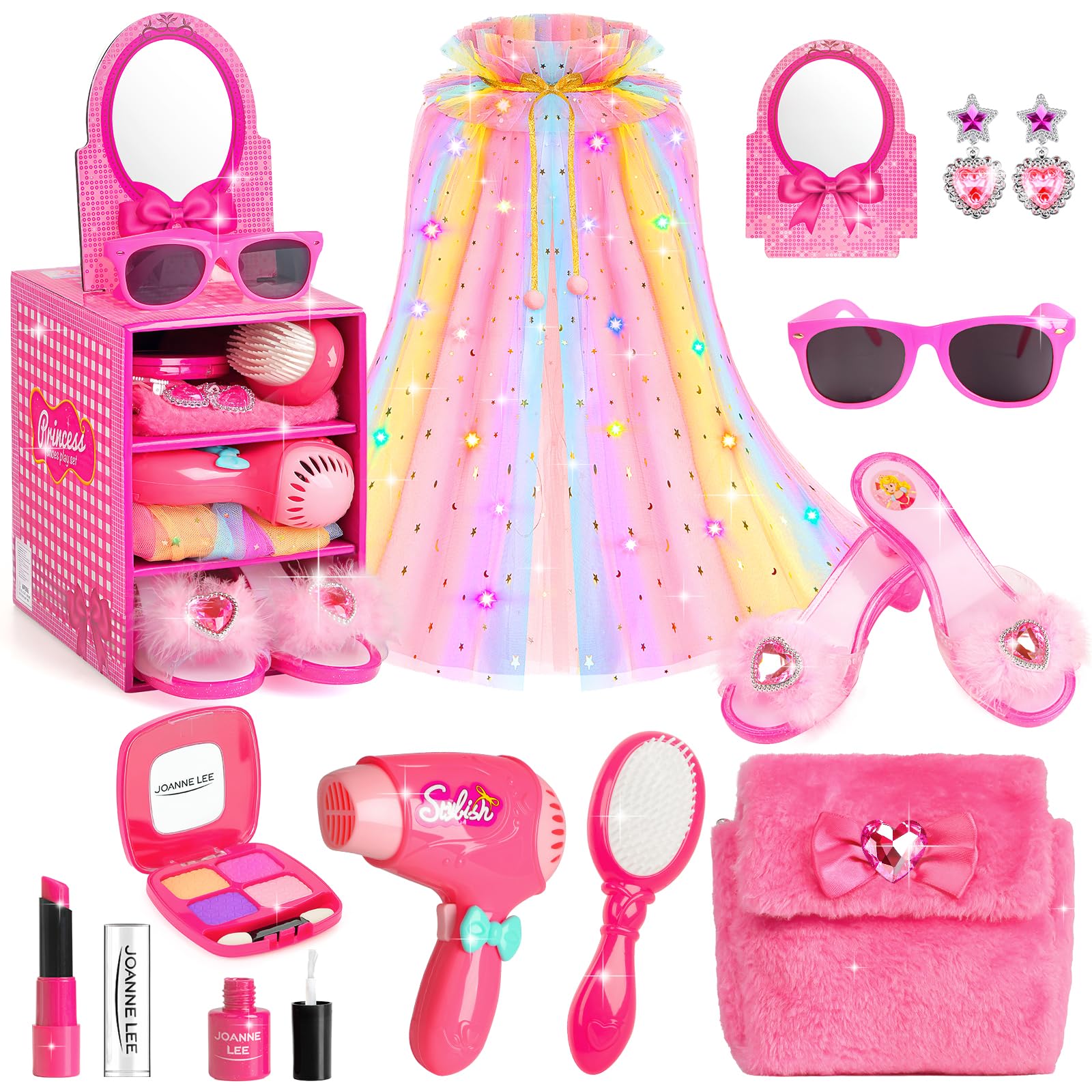 Princess Light Up Cape Dress Up Shoes, Kids Pretend Makeup Set for Girls
