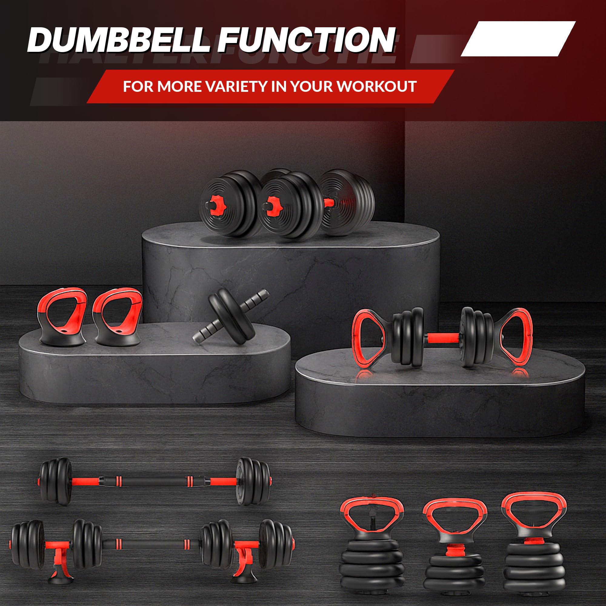 20 kg, kit per sollevamento pesi 5 in 1 con barra lunga, kettlebell, ruota addominale e manici pompe, set pesi per sport domestici, principianti e confermati, nero