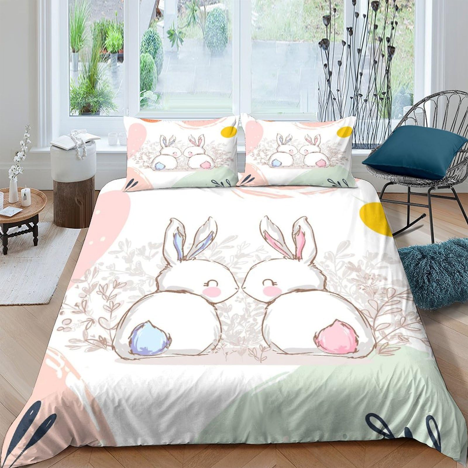 Ctjqhvkz Style-9 3D Printed Cute Bunny Fitted Sheet Microfiber Soft Pastel Rabbit Mattress Cover Bedroom Decor Anti-Slip Washable Single（135X200cm）