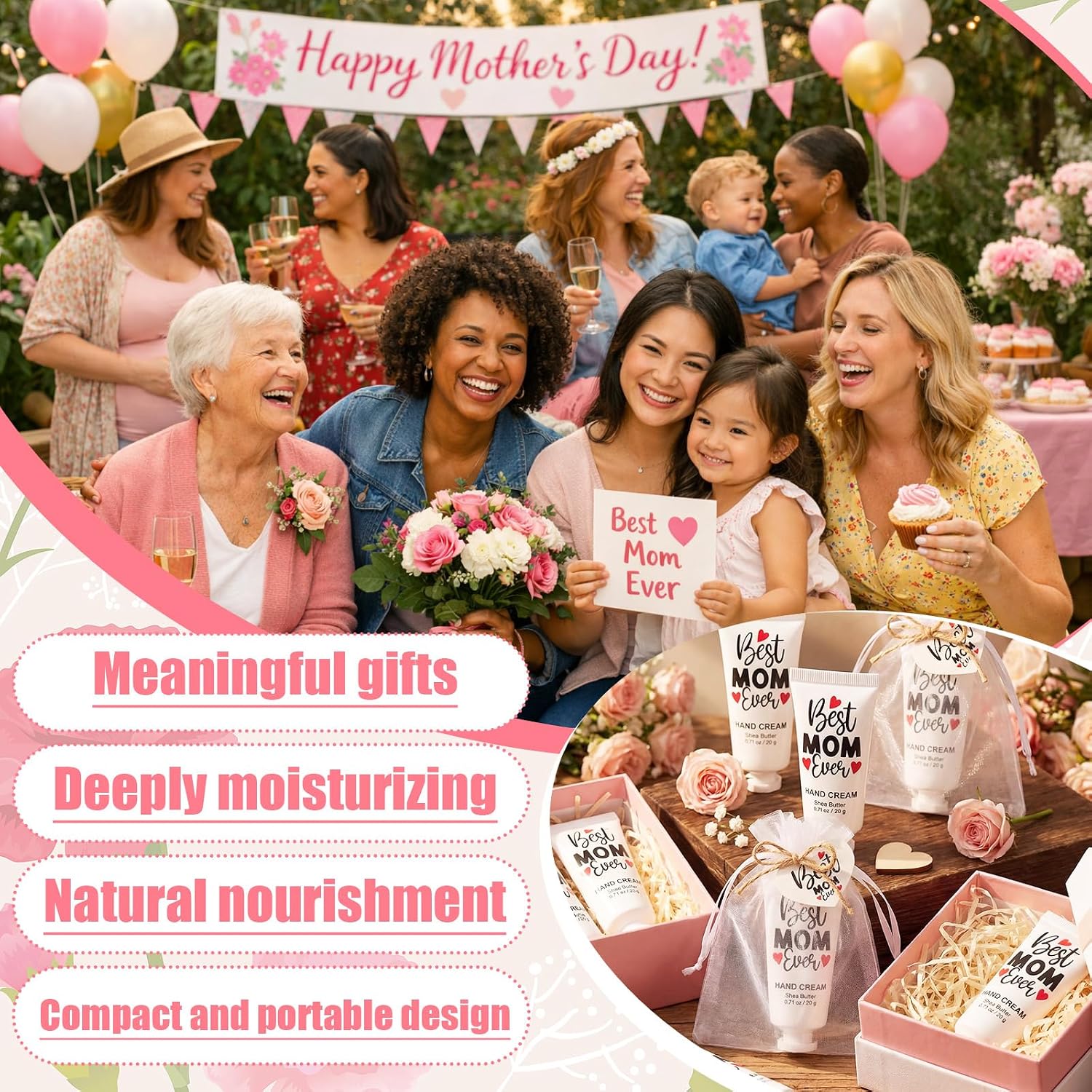 24 Sets Mother's Day Bulk Gifts Best Mom Ever Hand Cream Gift Set Moisturizing Hand Lotion Best Mom Ever Gift Cards Organza Bags Natural Fragrant Lotion Mother's Day Party Favors