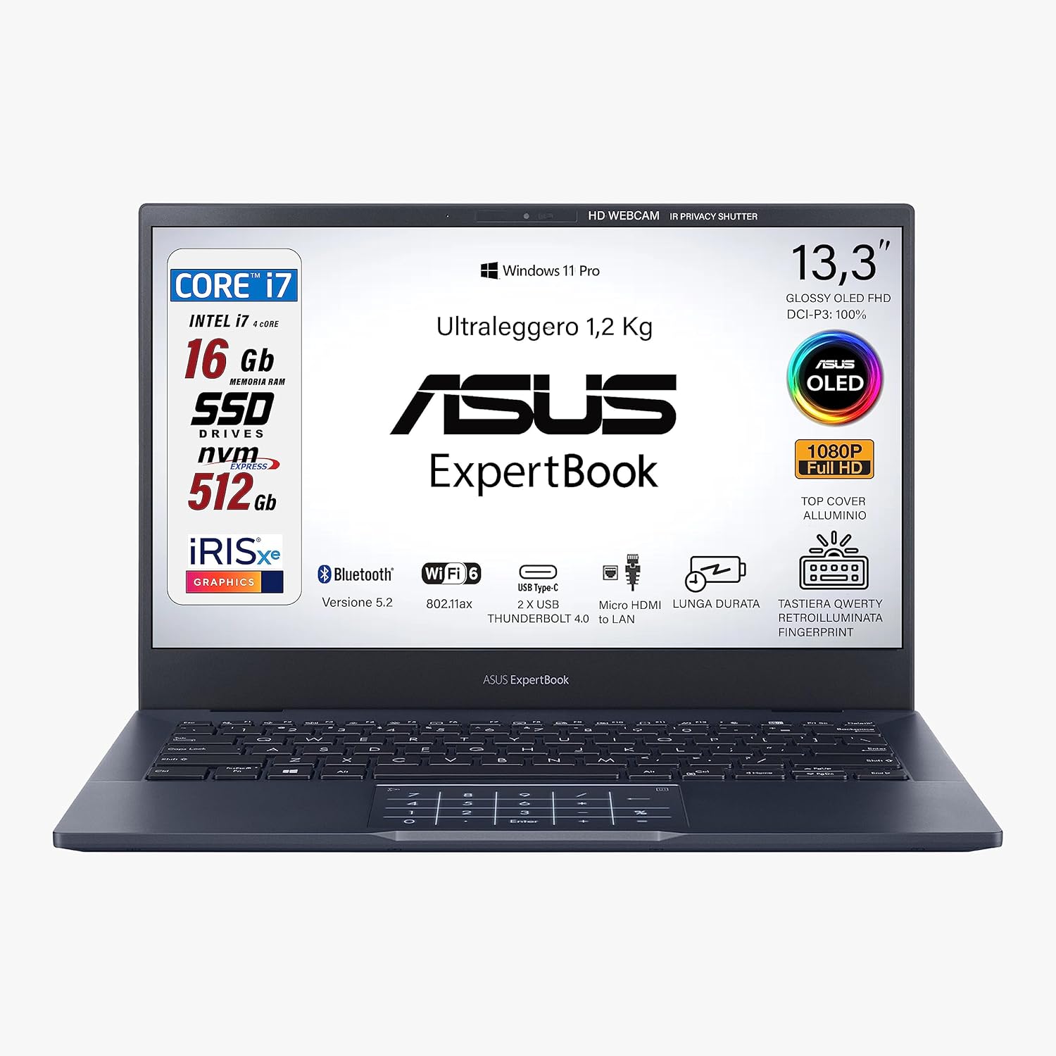 ASUS Expertbook B5, Display Oled 13.3 Core i7, RAM 16 Gb, SSD 512 Gb, tastiera qwerty retroilluminata e fingeprint, 2 usb-c thunderbolt, , batteria lunga durata, ultraleggero 1,2 Kg, Italia ASUS Expertbook B5, Display Oled 13.3 Core i7, RAM 16 Gb, SSD 512 Gb, tastiera qwerty retroilluminata e fingeprint, 2 usb-c thunderbolt, , batteria lunga durata, ultraleggero 1,2 Kg, Italia