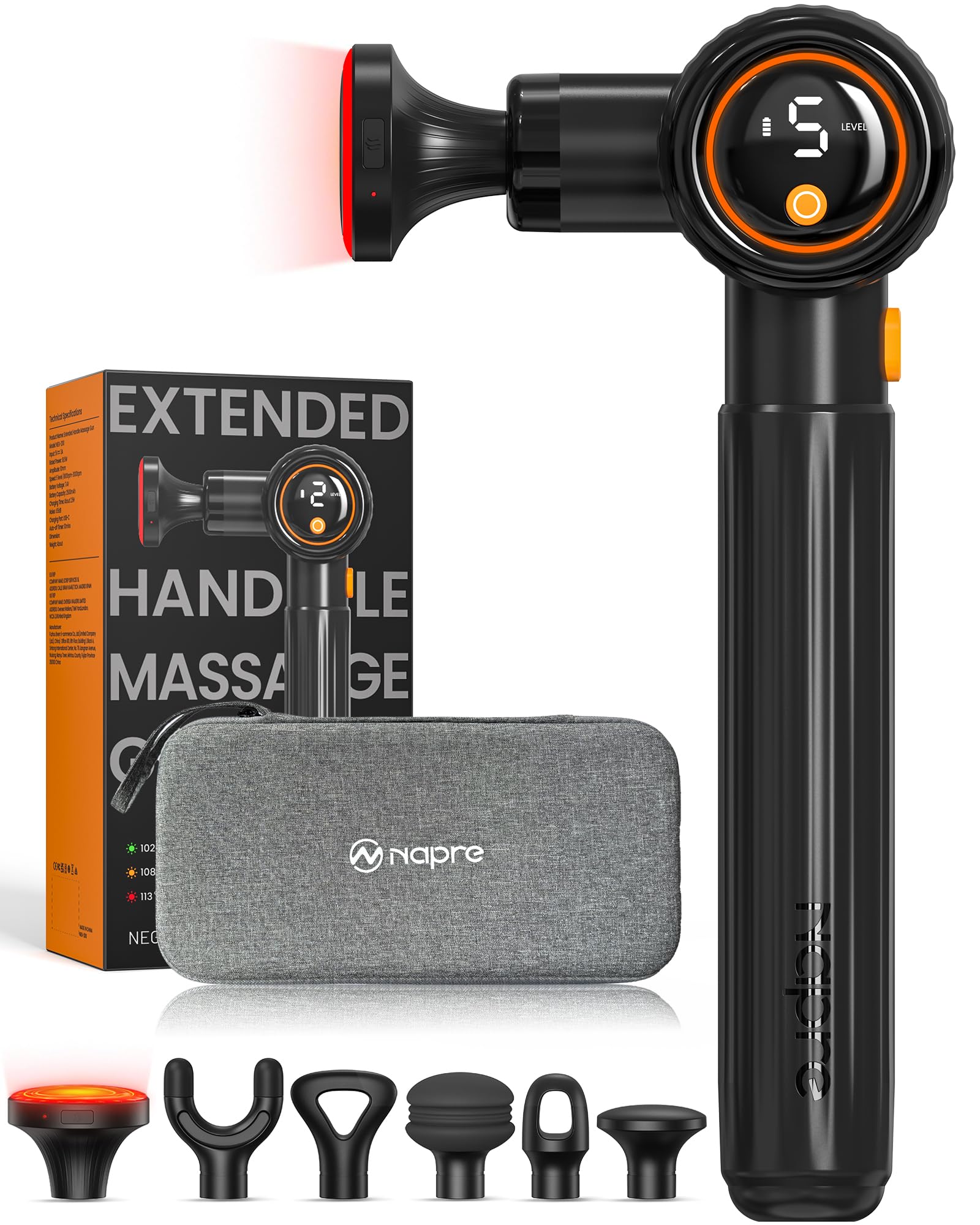 Pistola de Masaje Muscular con Calor y Luz Roja Terapia,Napre Pistola Masaje Muscular con Mango Largo y 3 ángulos Ajustables,Massage Gun Pistola Masajeadora,Masajeador Muscular Cervical Espalda,Negro