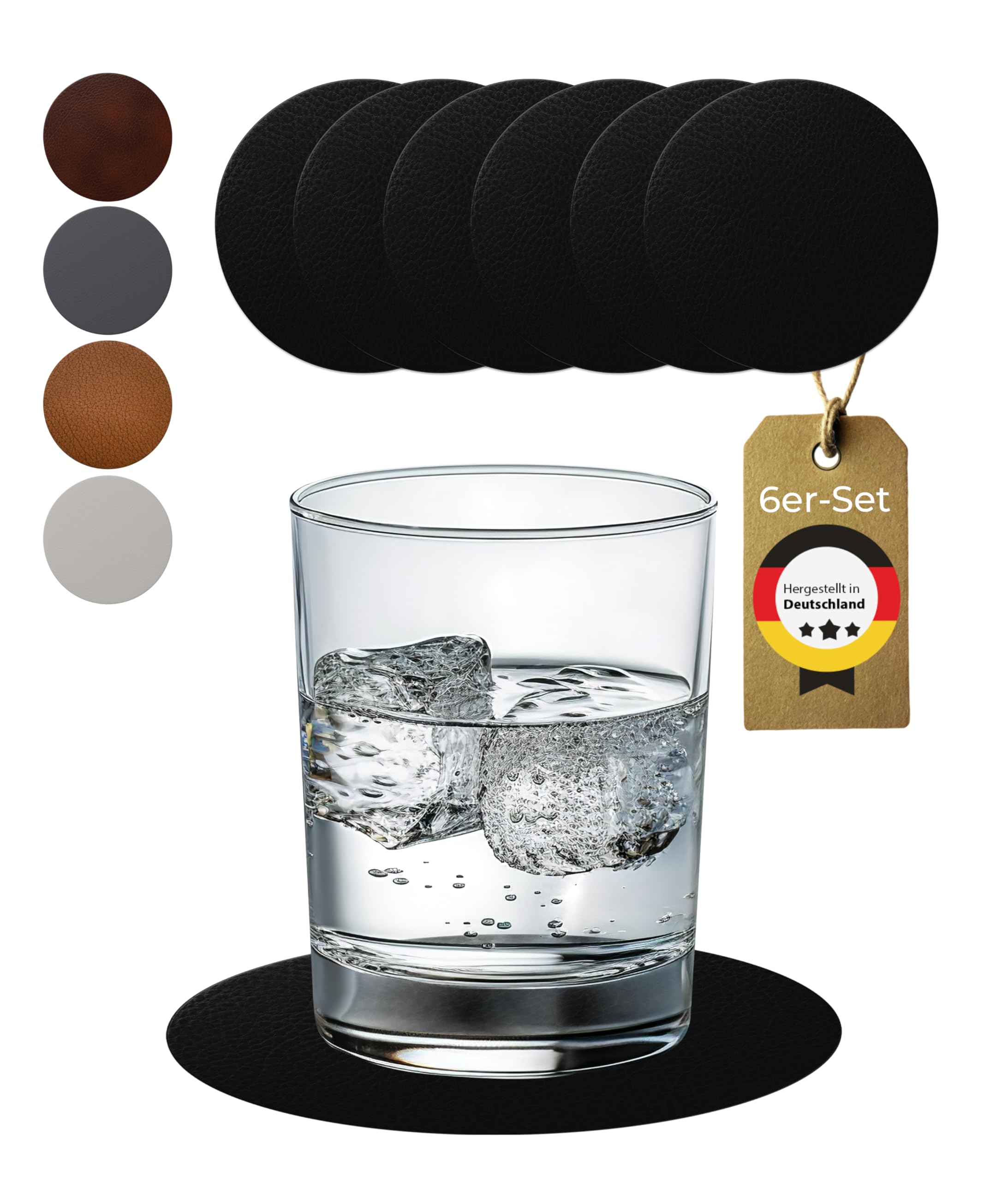 Glass Coasters Set of 6 Leather (Bonded Leather) Coaster Drinks Coasters, Colour: Black, Round 9.5 cm