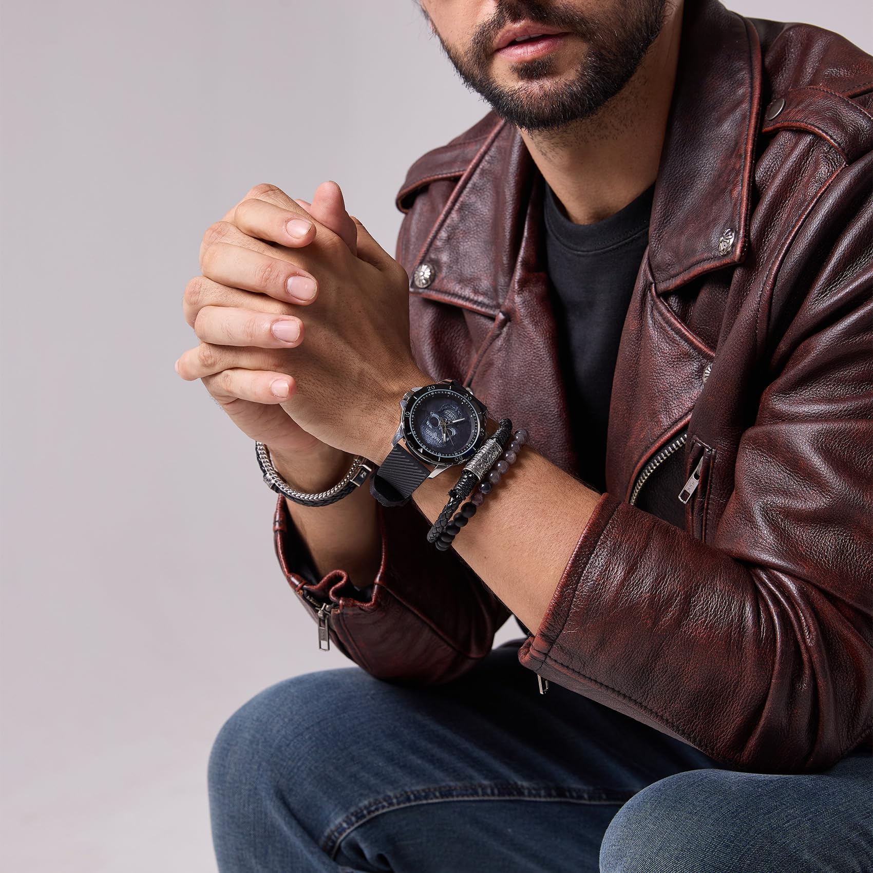 TIME100 Set de Regalo para Hombre, Reloj Hombre con Pulsera, Diseño de Calavera, Correa de Silicona, Elegante Regalo para Navidad y Cumpleaños