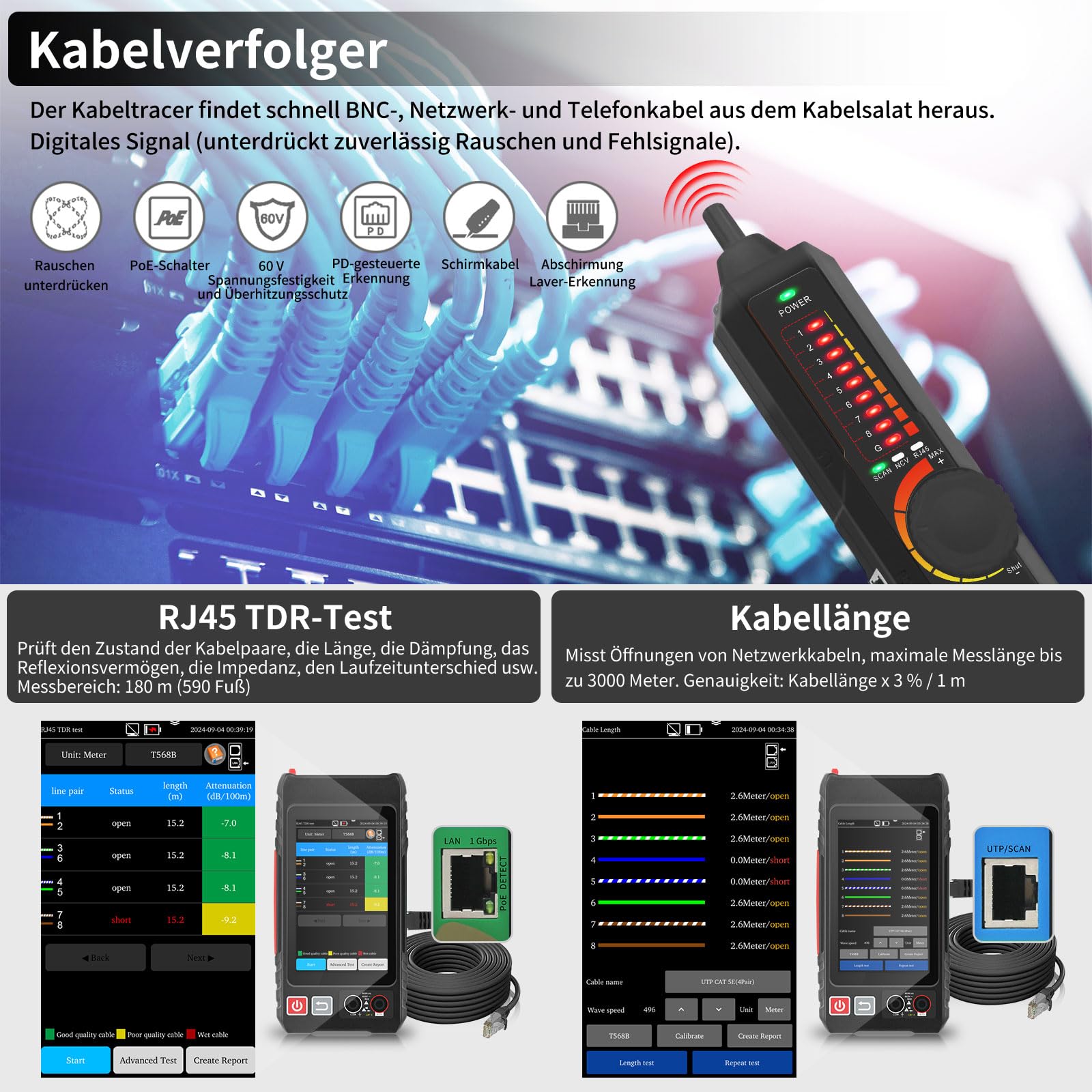 Henkion RJ45 Netzwerkkabeltester UTP-Kabeltester,Ethernet-Kabelverfolger, 4-Zoll-IPS-Touchscreen, unterstützt Netzwerktools, OPM, DMM, TDR, LEVEL METER, POE++-Erkennung, RJ45 TDR, Kabellänge,NCV
