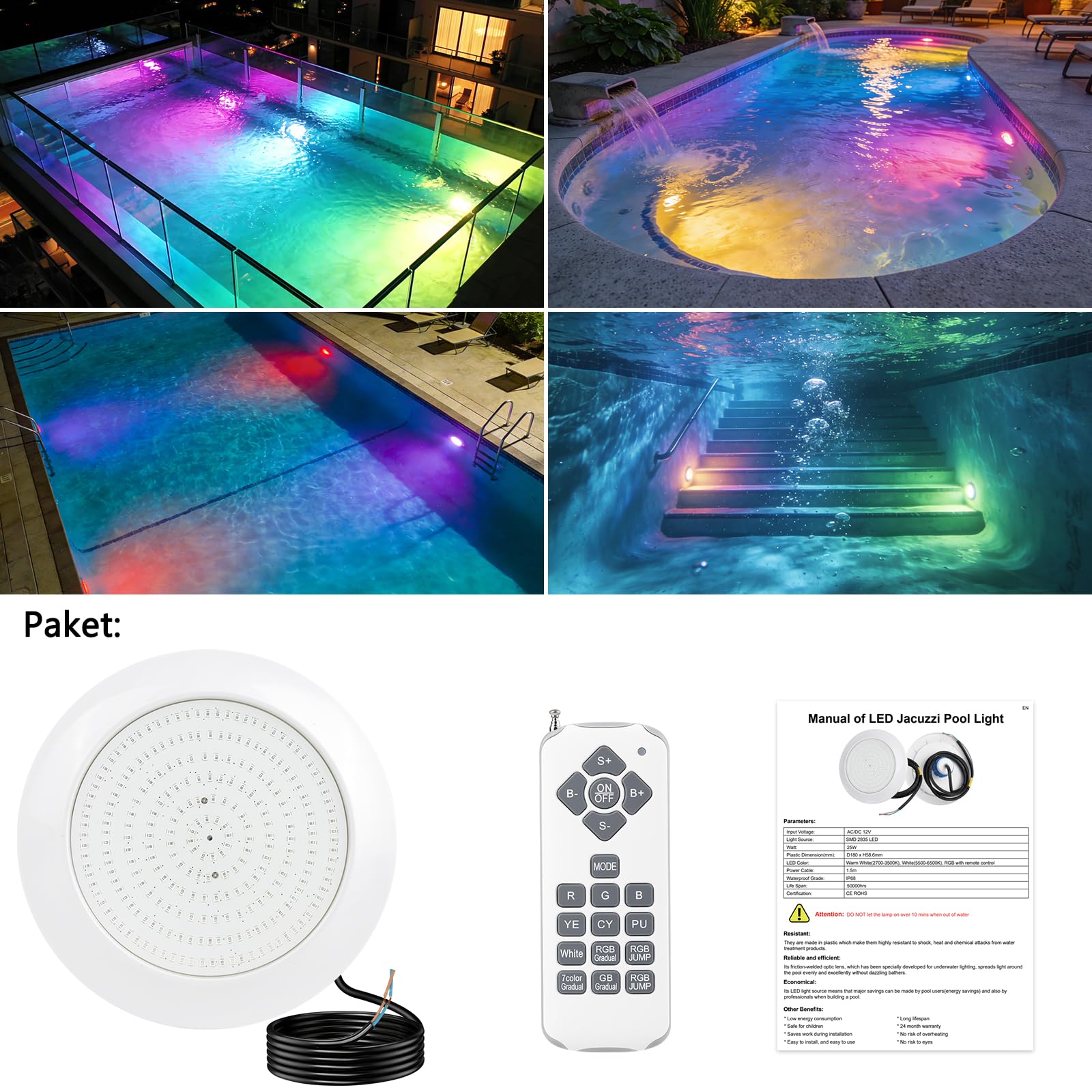 COOLWEST RGB LED Poolbeleuchtung mit 1-1/2 Zoll Außengewinde, 25W Unterwasser Licht, Ø180mm, 12V AC/DC, IP68 LED Poolscheinwerfer für Betonpools und Styroporpools
