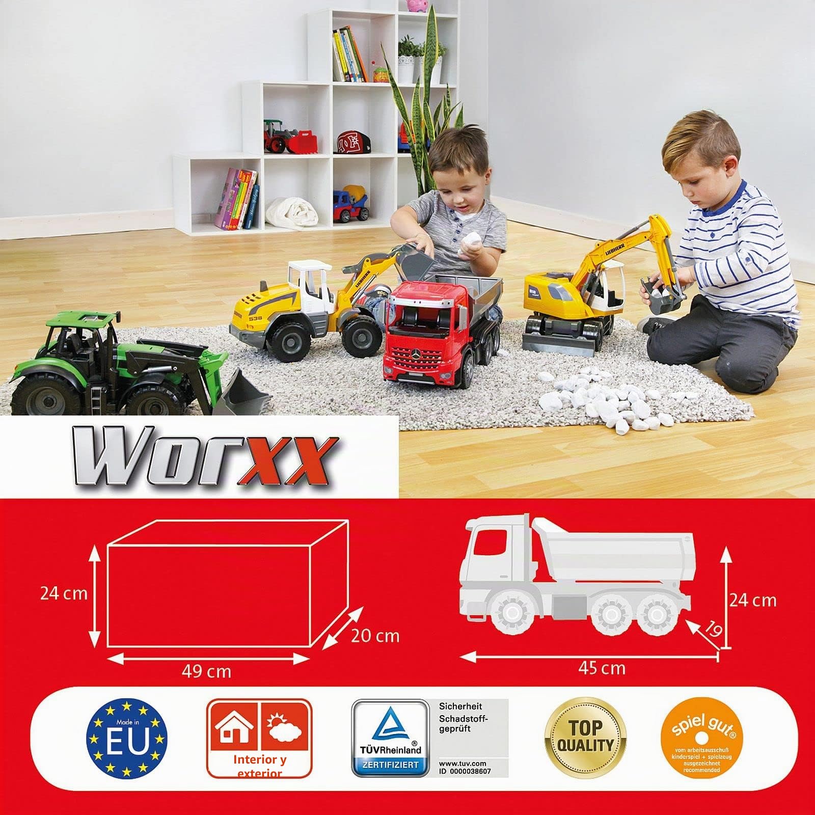 Lena - Worxx Mercedes Benz Arocs Volquete Juguete por 3+ Años Niños, Rojo/Gris