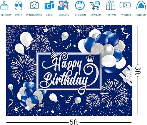 Miniatura 2 de Telón de fondo de cumpleaños azul y plateado con purpurina para fuegos artificiales, fondo de fotos para niños, hombres y mujeres, patio grande,