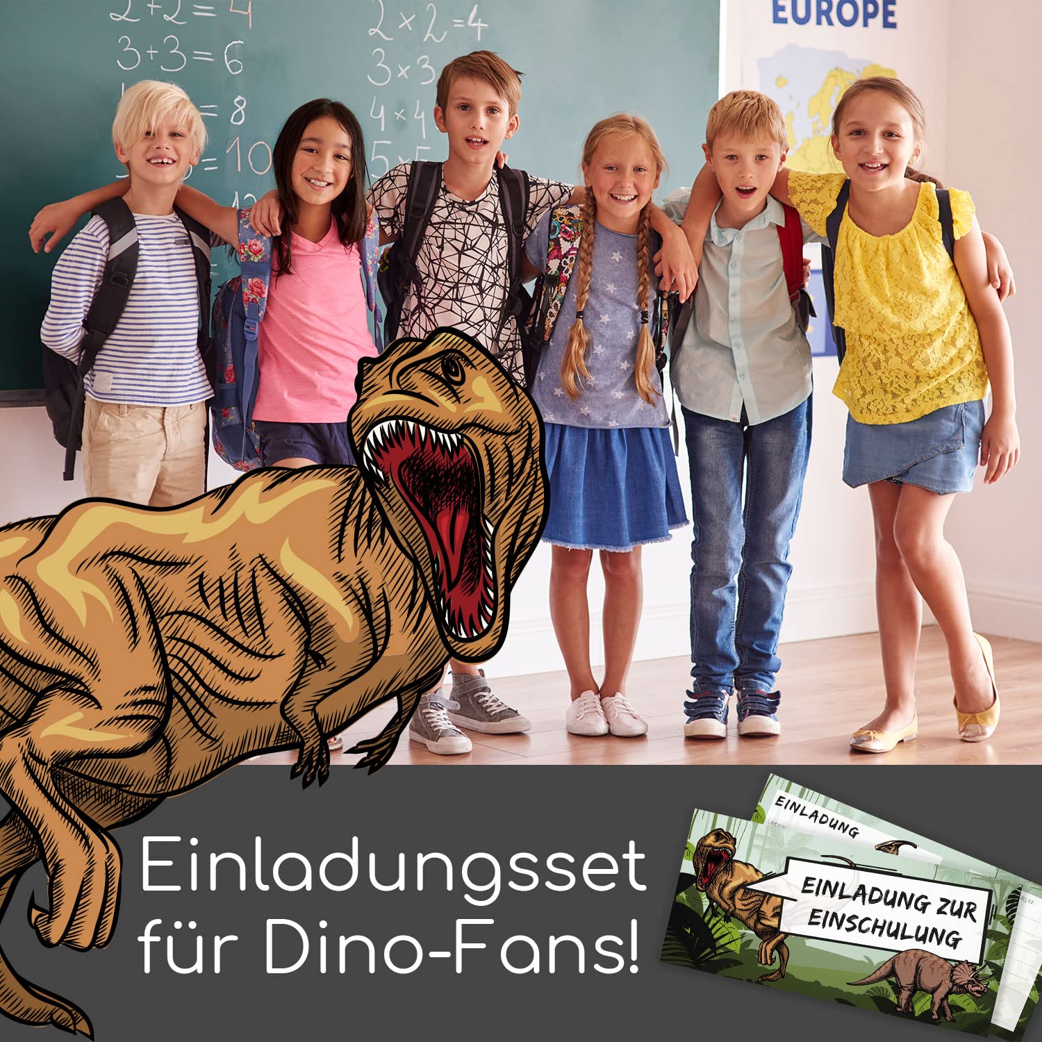 12 Dino Einschulungseinladungen - Süße Dinosaurier Karten