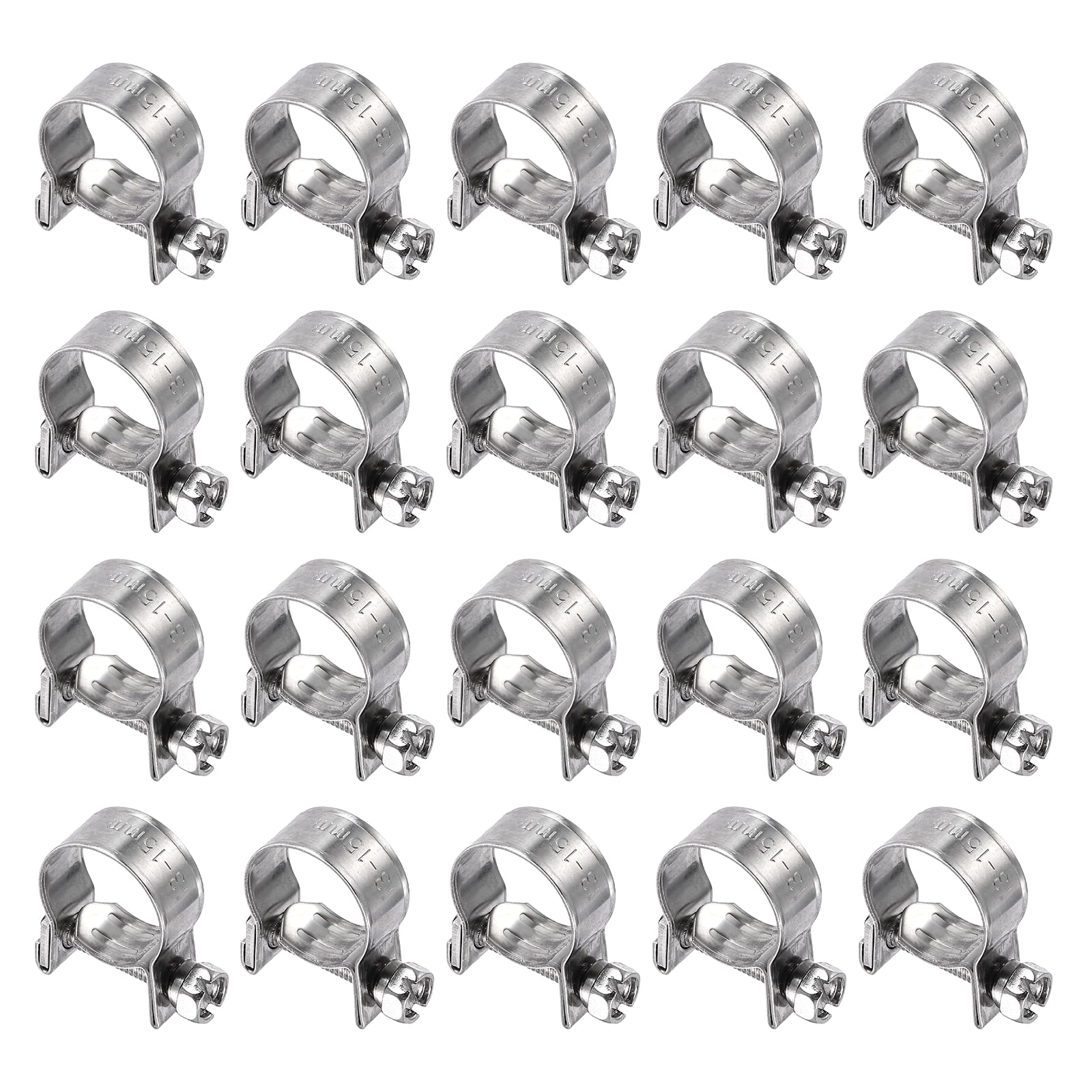 sourcing map 20pcs Fuel Injection Hose Clamp 13-15mm Adjustable 304 Stainless Steel Mini Gas Line Hose Clamp for Automotive Agriculture Plumbing Diesel Petrol Pipe