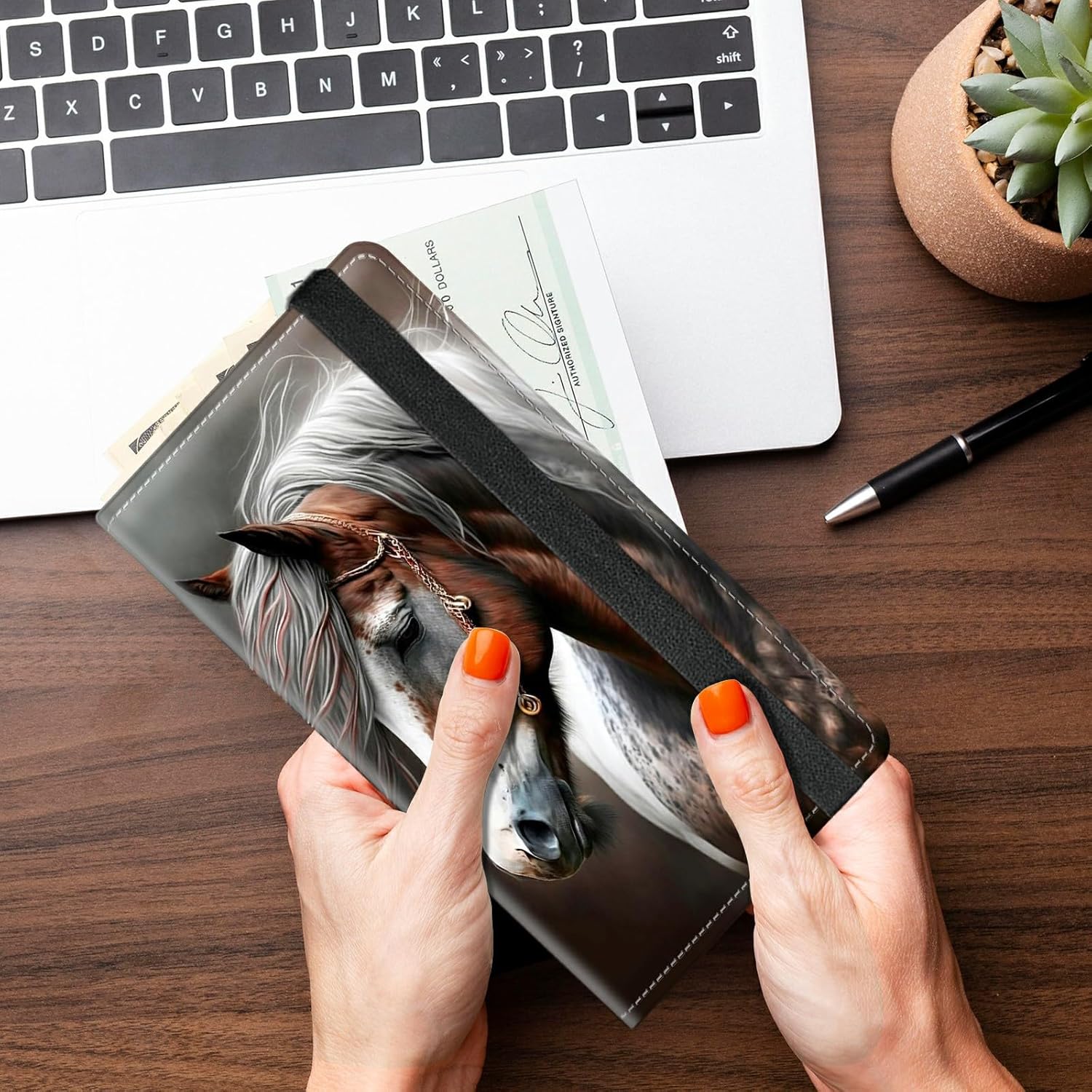 Checkbook Cover for Women Men, RFID Blocking Personal PU Leather Checkbook Check Book Holder Wallet with Elastic Tape & Credit Card Slot,Horse - Image 7