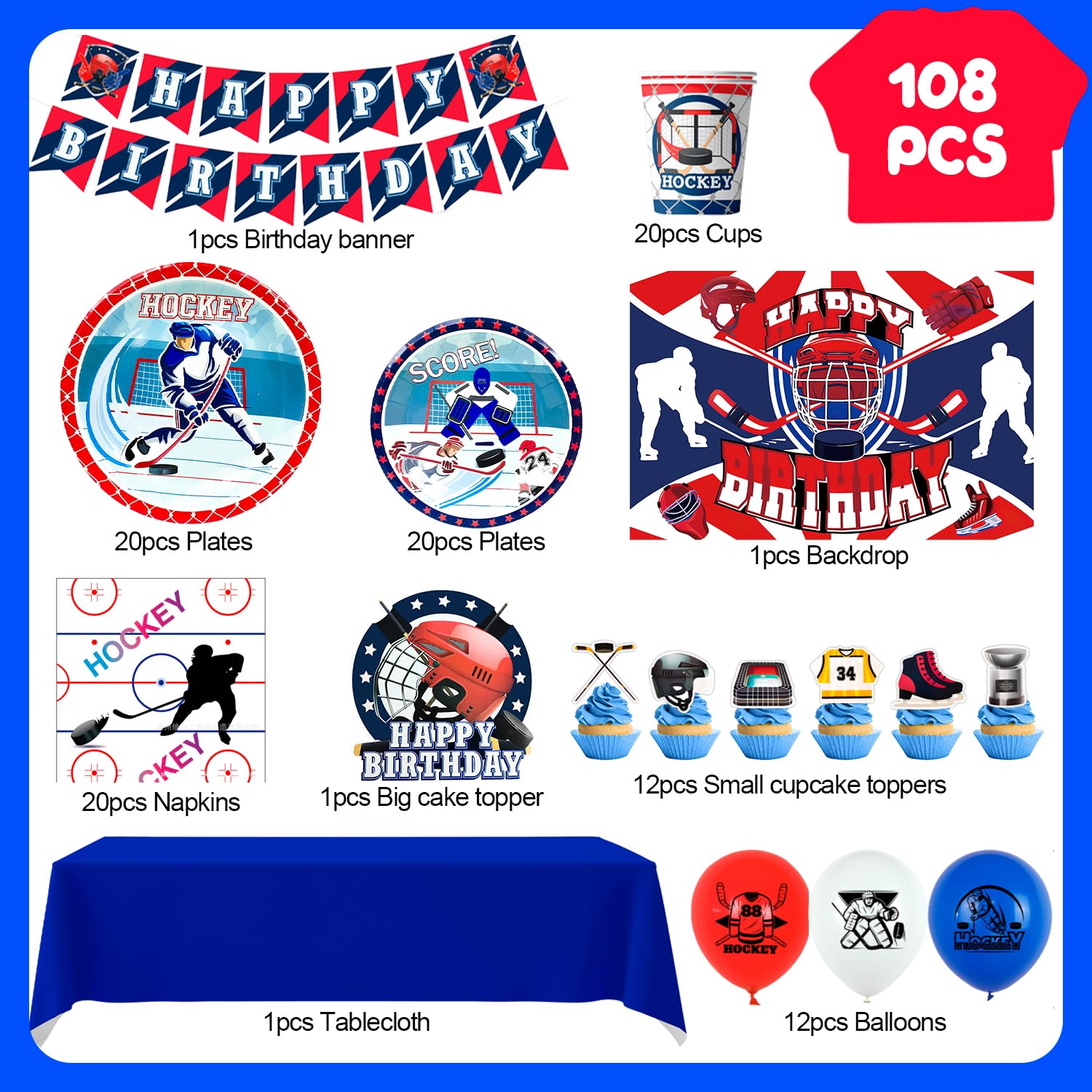 Decorazioni per Feste di Hockey su Ghiaccio,108 Pezzi Forniture per Feste di Compleanno di Hockey Striscioni Piatti Tazze Tovaglioli etc Accessori per Feste di Hockey