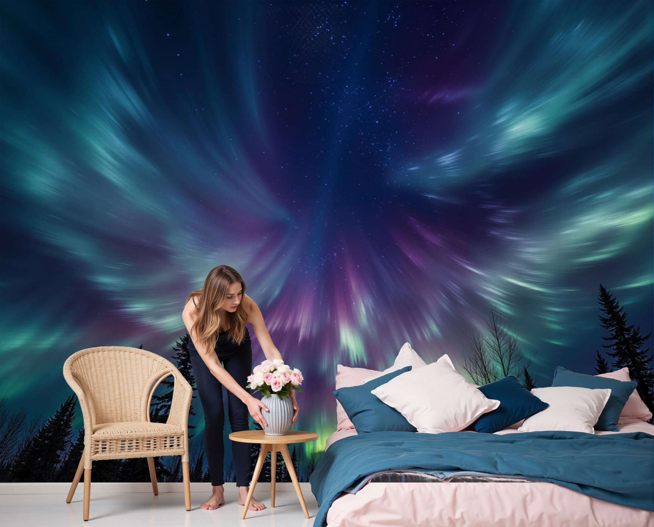 Tapisserie murale forêt fantastique XXL habillage mural vert et violet pour chambre parentale
