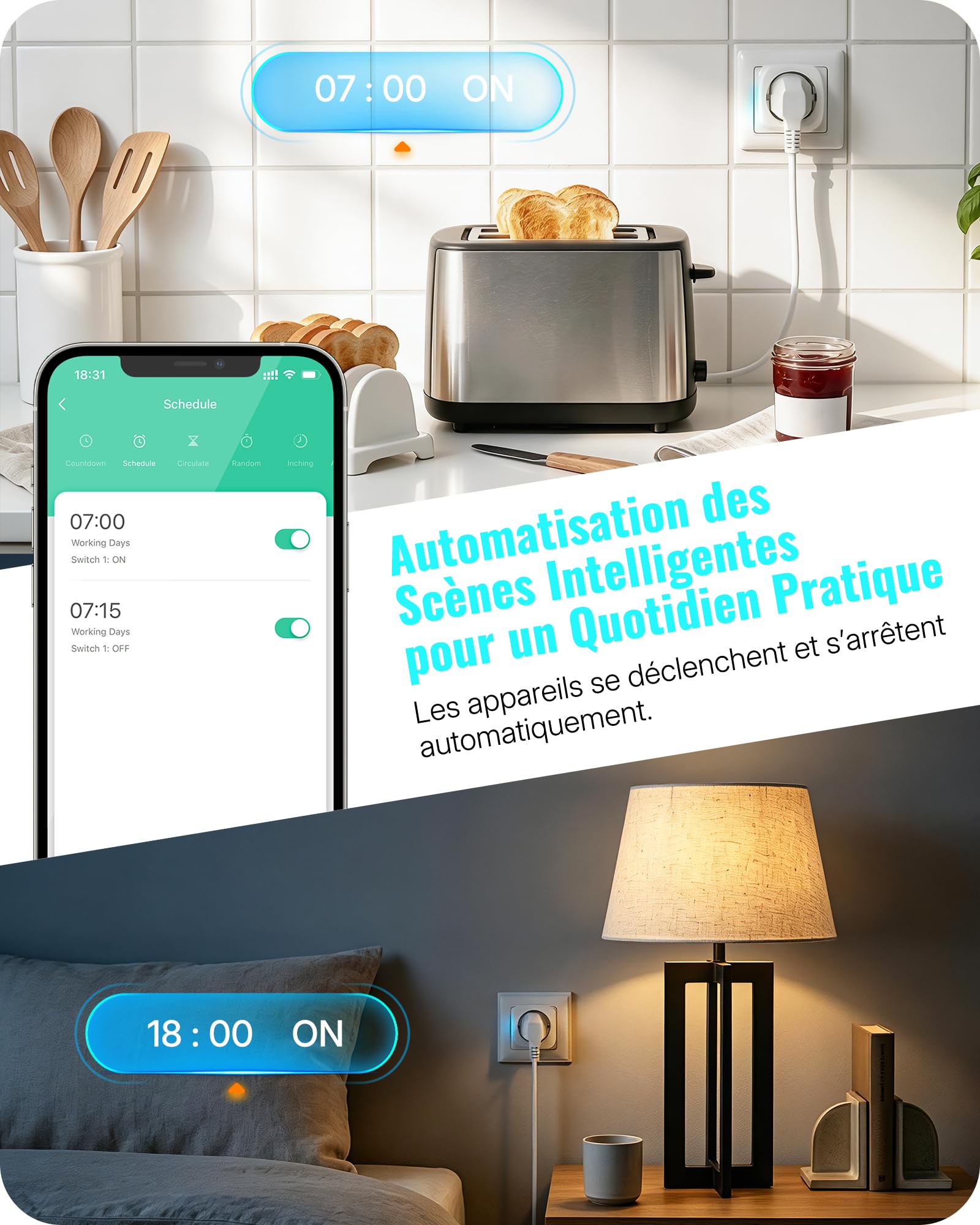 Presa Wifi Collegata Intelligente Timer Programmatore | con Contatore di Consumo, Ordine tramite App, Controllo Vocale, Conto Alla Rovescia, Modalità Ciclica Casuale