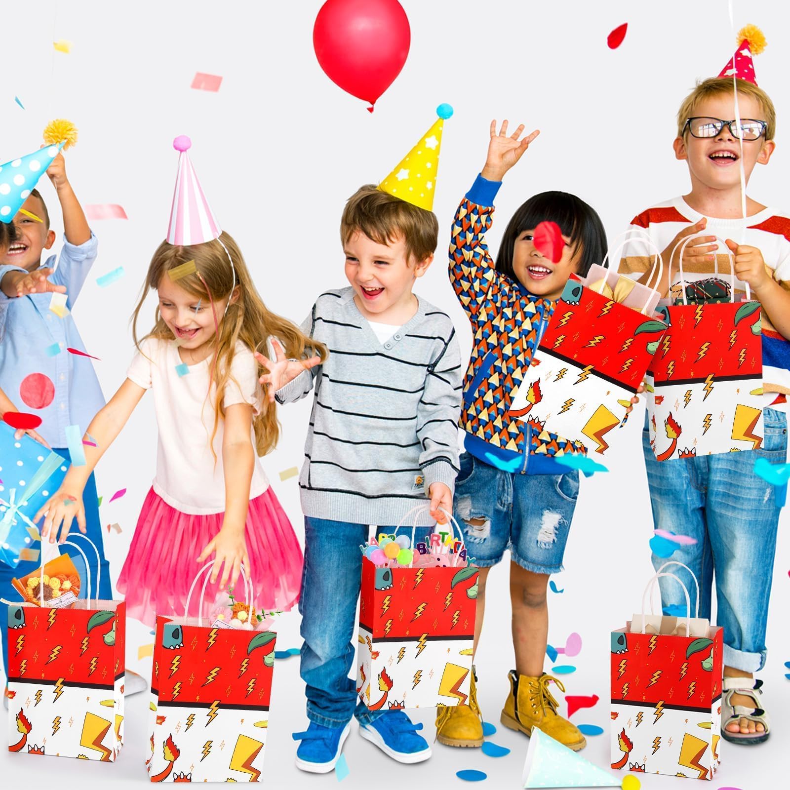 Joottuan 24 Pcs Cartoon Paper Bags Animation Party Gift Bags Red Kraft Treat Bag with Handle Birthday Party Supplies Paper Goodie Bag for Birthday Theme Supplies Baby Shower Decorations
