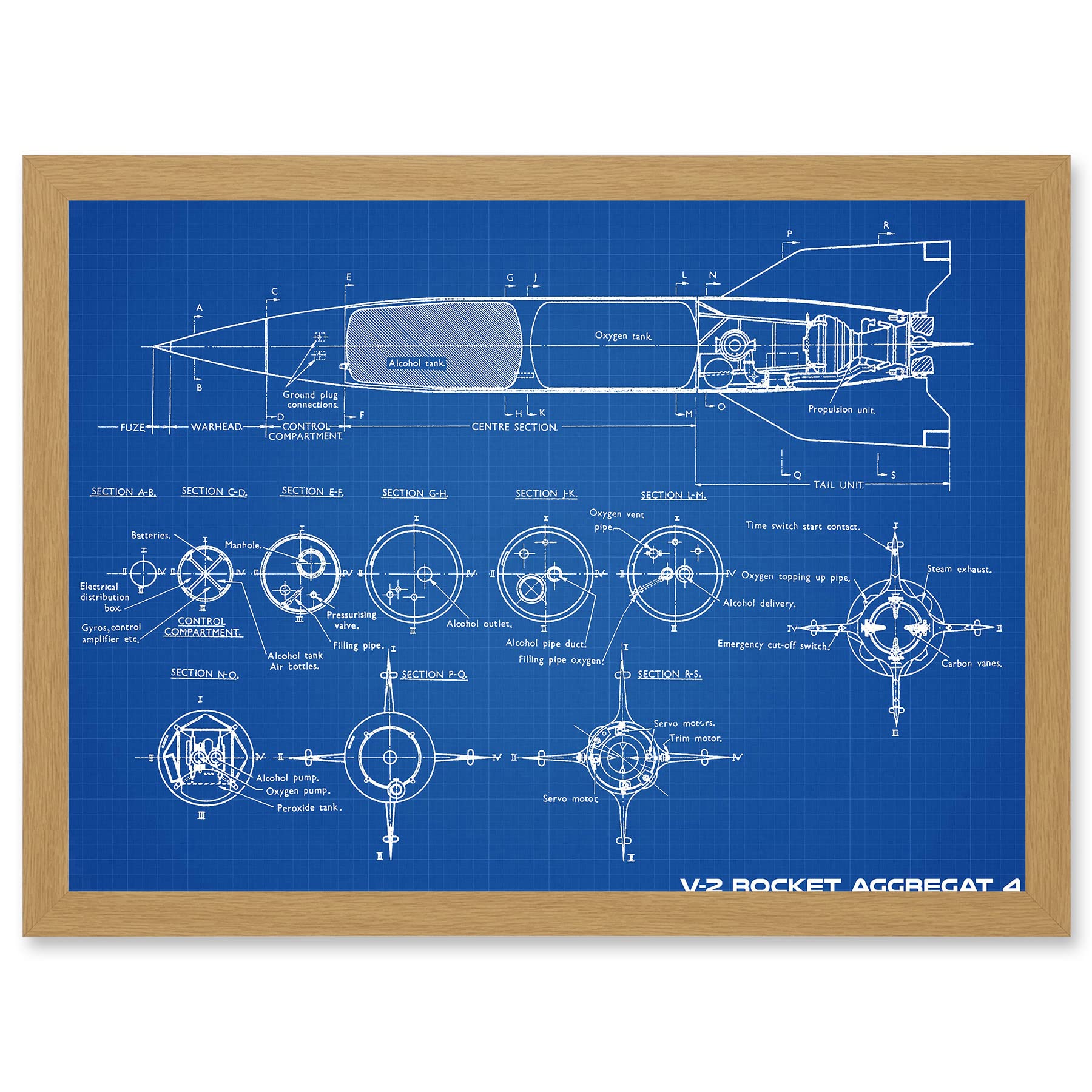 Artery8 Military V-2 Rocket Aggregat 4 Ballistic Missile Blueprint Plan Artwork Framed Wall Art Print A4