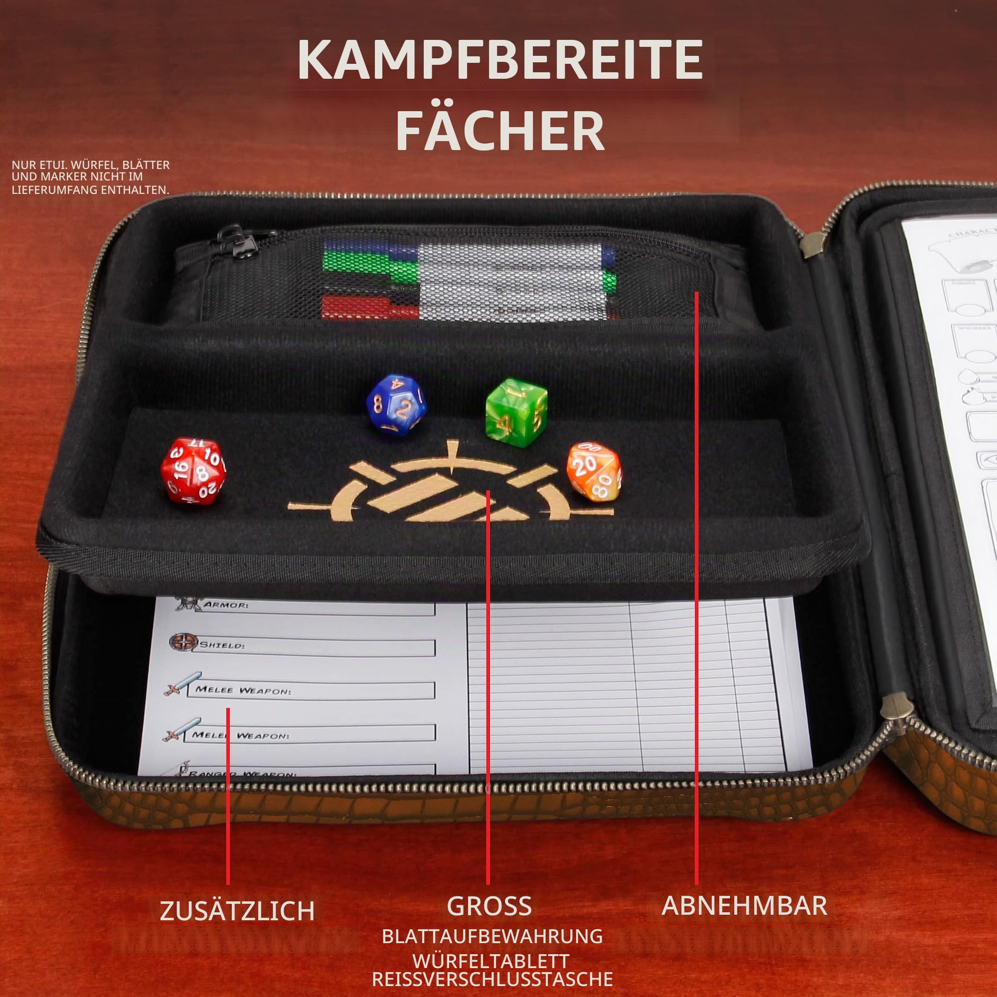 Enhance RPG-Organizer-Tasche – DND-Ordner mit integriertem Zeichenblatthalter und löschbarem Anreißfeld, Würfelrollbereich, Abnehmbarer Stifttasche, Miniatur-Schaumstoffablage, Handgelenkschlaufe