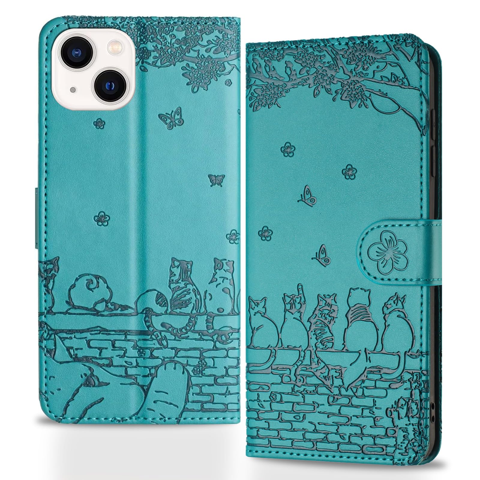 Butnyeoe Handyhülle für iPhone 14,Zaunkatzen Klappbar Hülle,Geprägtes PU Leder Wallet Schutzhülle Tasche Flip Case,Magnetische Klapphülle mit Kartenfach Standfunktion,Blau Grün