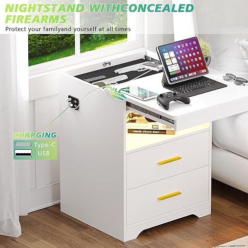 Miniatura 10 de Mesita de noche LED con cajón de pistola con cerradura, mesa auxiliar con estación de carga, mesita de noche con luz LED regulable de 3 colores a