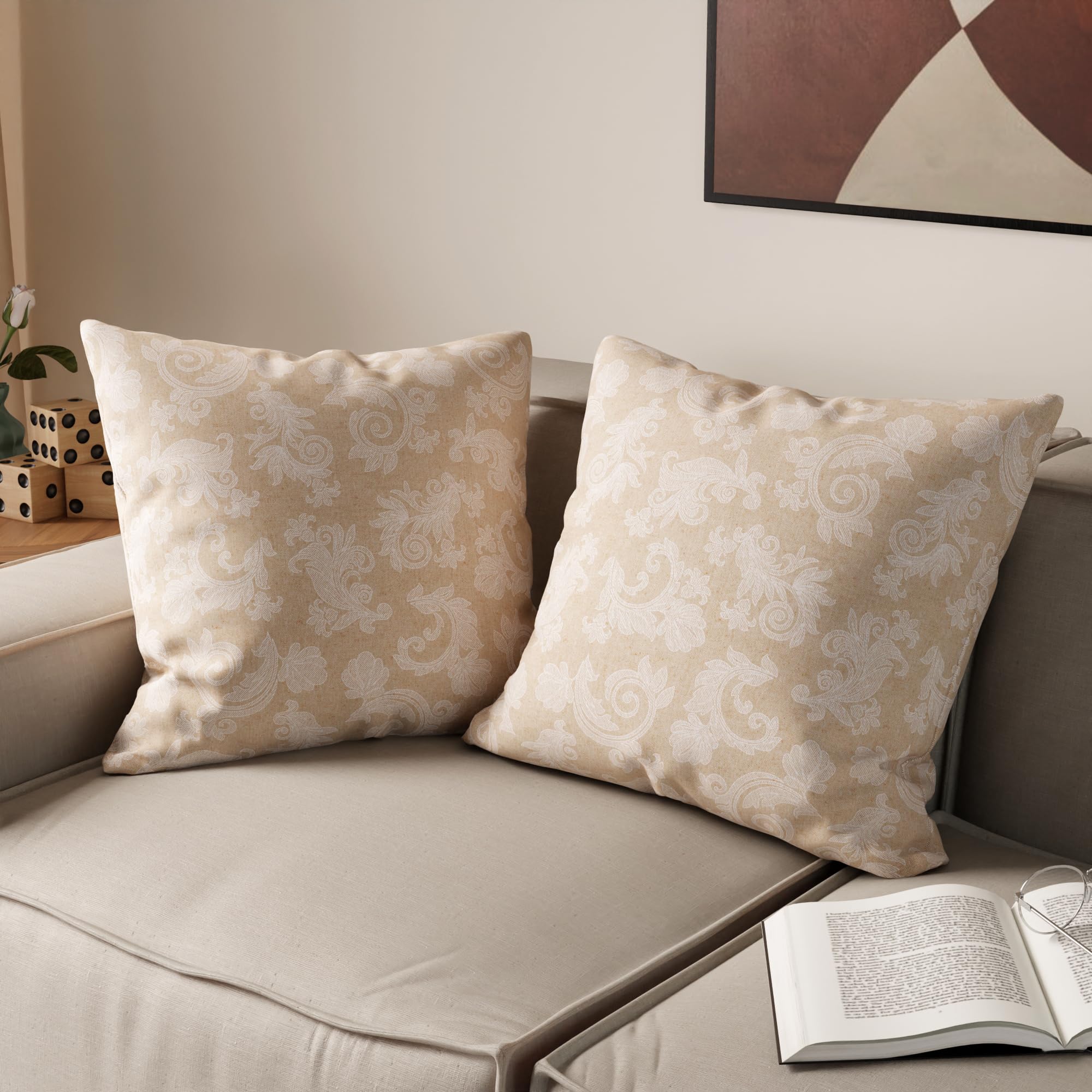 Encasa Cubiertas De Cojín Floral De Algodón De Chambray | Beige Juego de 2 I 50x50 cm I Cubierto Solo I Decorative Floral Square Pillowase I Lavable | Solamente para Uso En Interiores
