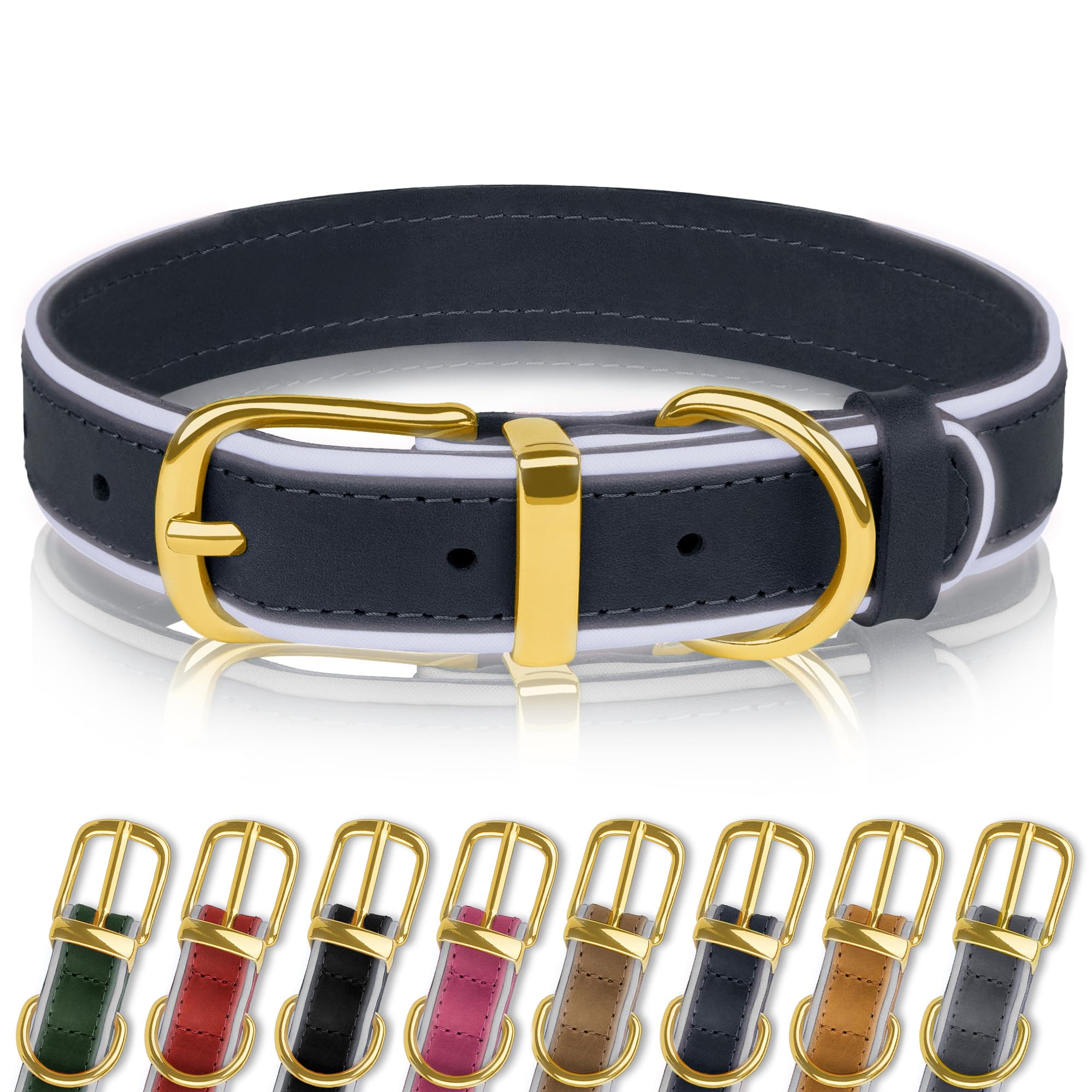 OOPSDOGGY Reflective Geniune Leather Dog Collar Soft Padded Collars for Small Medium Large Breed Dogs Puppy 4 Sizes