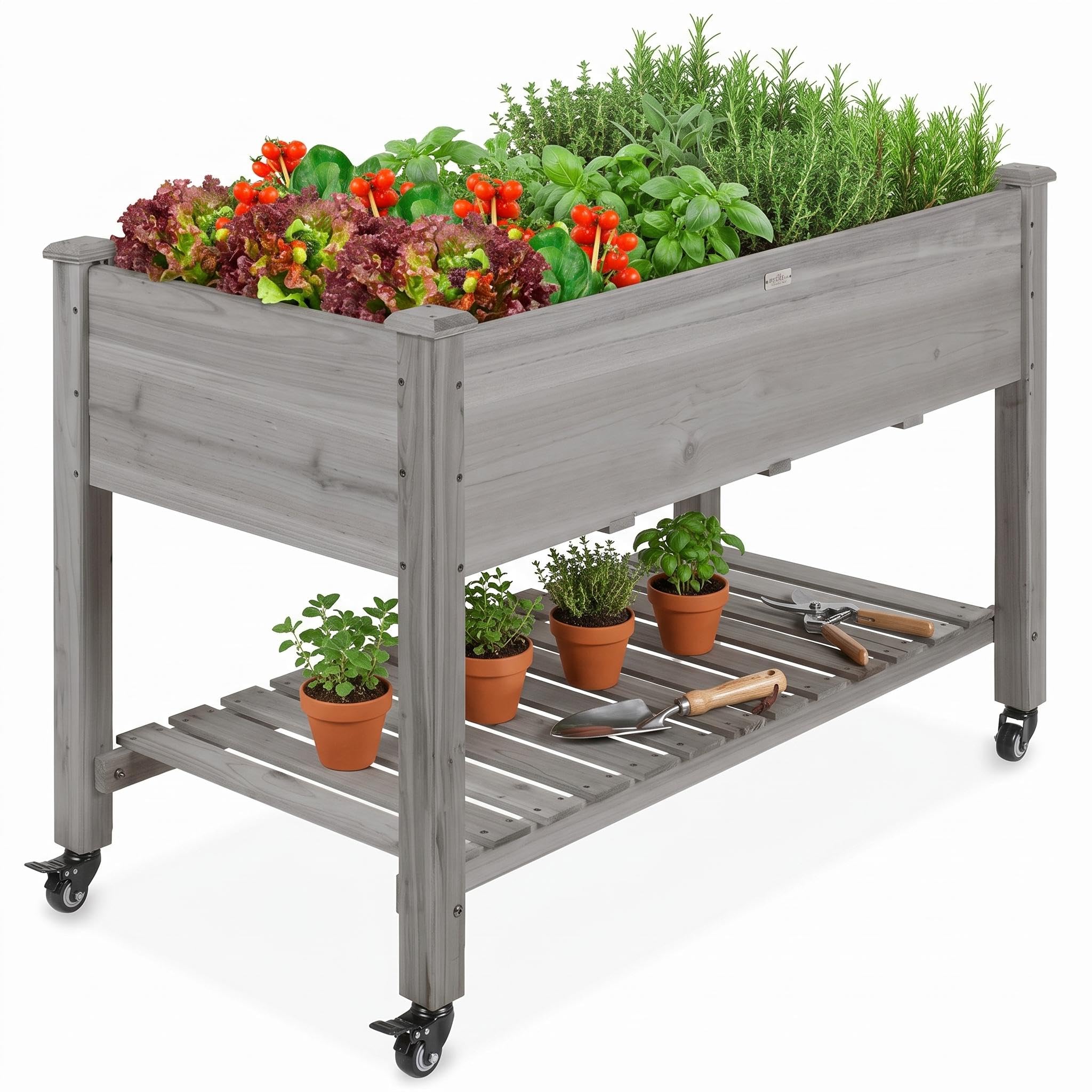 Garvee Mobile Raised Garden Bed with Lockable Wheels & Storage Shelf – Elevated Wooden Planter Box with Durable Liner – Animal-Protection, For Vegetables, Herbs, Flowers – Patio, Deck, Yard – Grey
