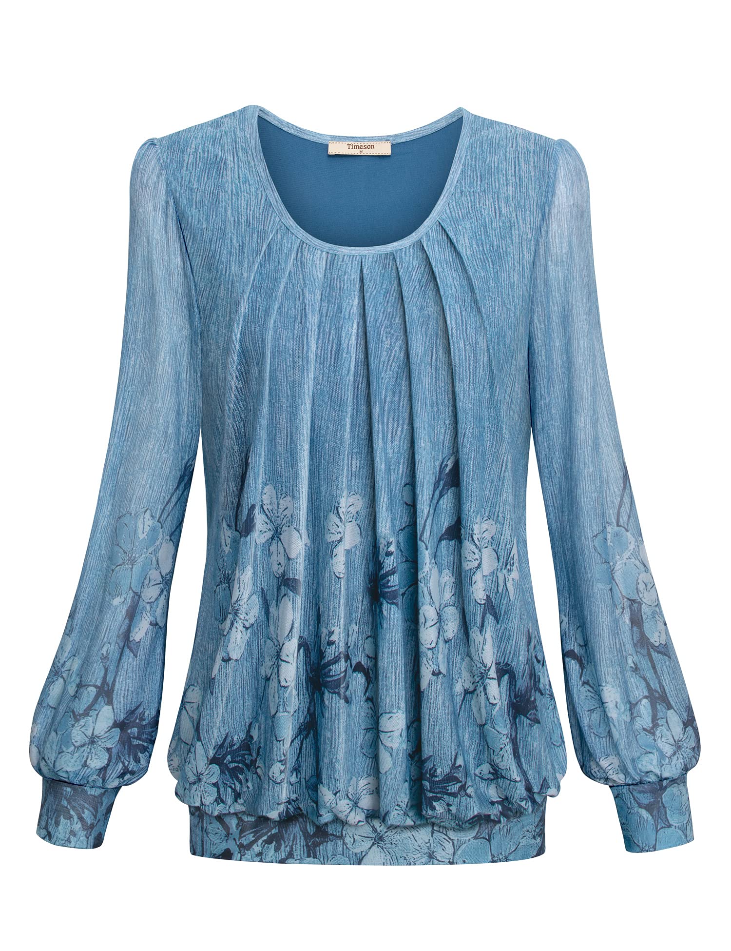 TimesonWomen's Long Sleeve Scoop Neck Pleated Front Fitted Blouse Tops