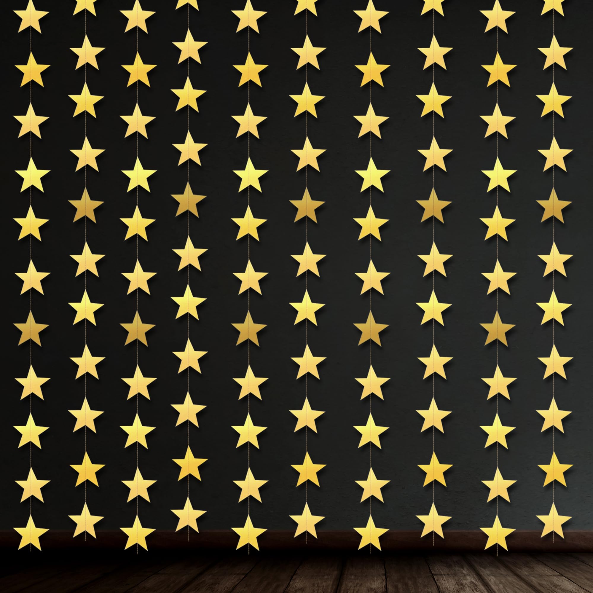 BASHOUT Gold Star Garland | 130’ Ft. Hanging Gold Stars Party Garland | Bright Gold Stars Hanging Banner | New Year’s, Graduation, Anniversary Decorations | Party Backdrop, photobooth Prop Decor |