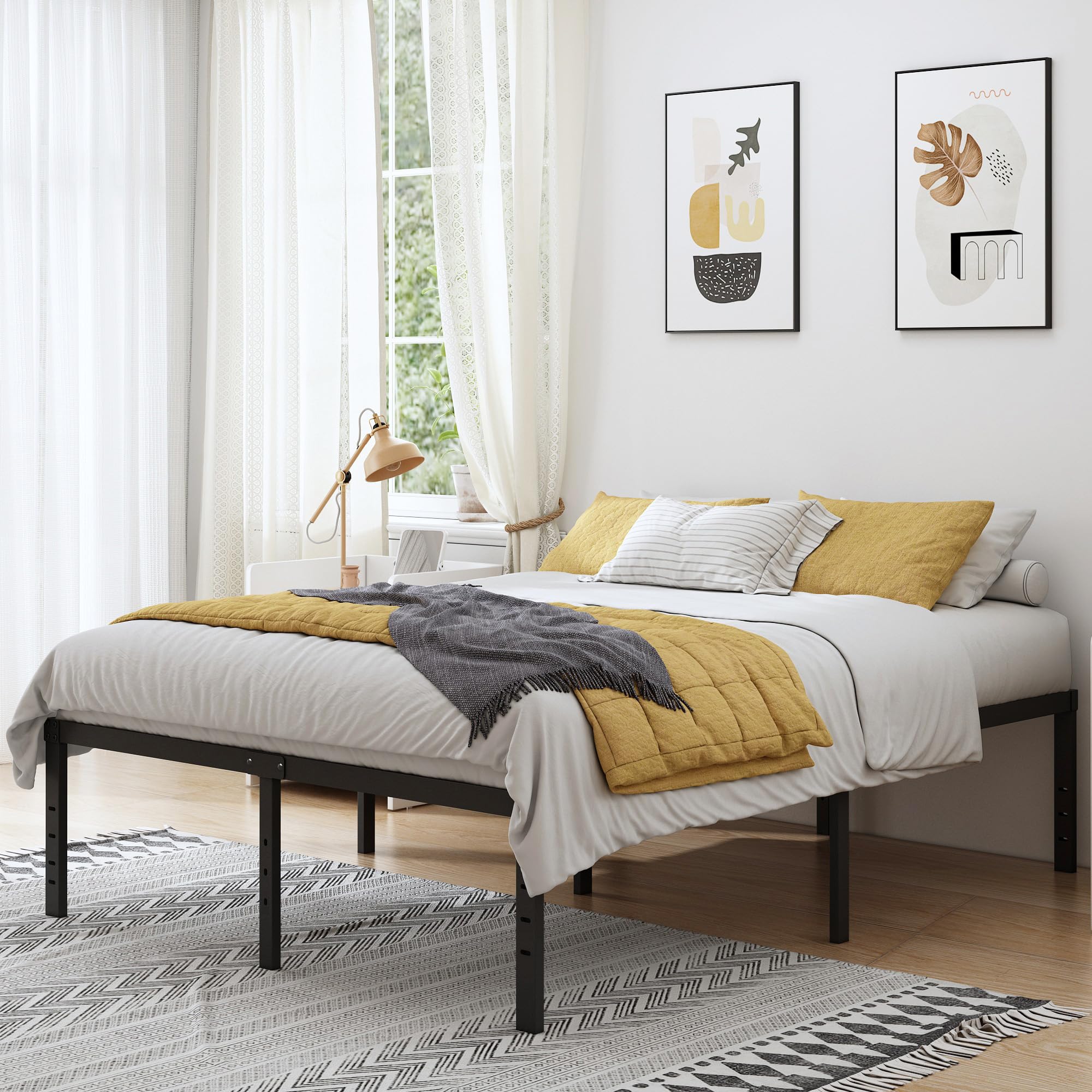 Cieemine 18 Inch Queen Size Metal Bed Frame, Heavy Duty Steel Slat Mattress Foundation,No Box Spring Needed, Easy Assembly, Noise-Free,Black