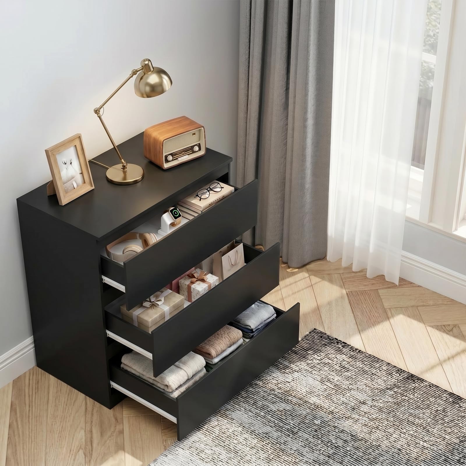 Cassettiera Camera da Letto con 3 cassetti, Mobiletto Salvaspazio in Stile Moderno, per Soggiorno Ingresso, 70 x 40 x 75cm, Nero | Comò Moderno in Legno Nero per Camera, Soggiorno, Ufficio, Corridoio