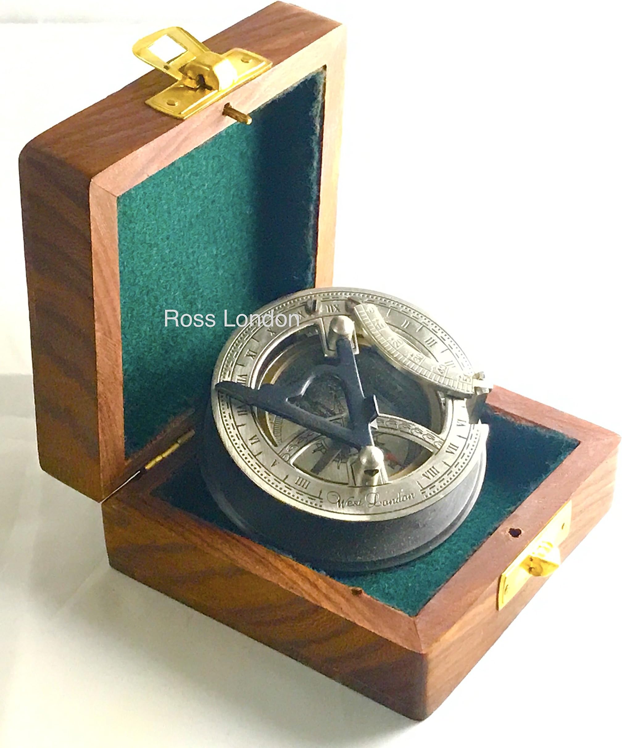 BRASS SUNDIAL COMPASS -Solid Brass Pocket Sundial - West London With Wooden Box