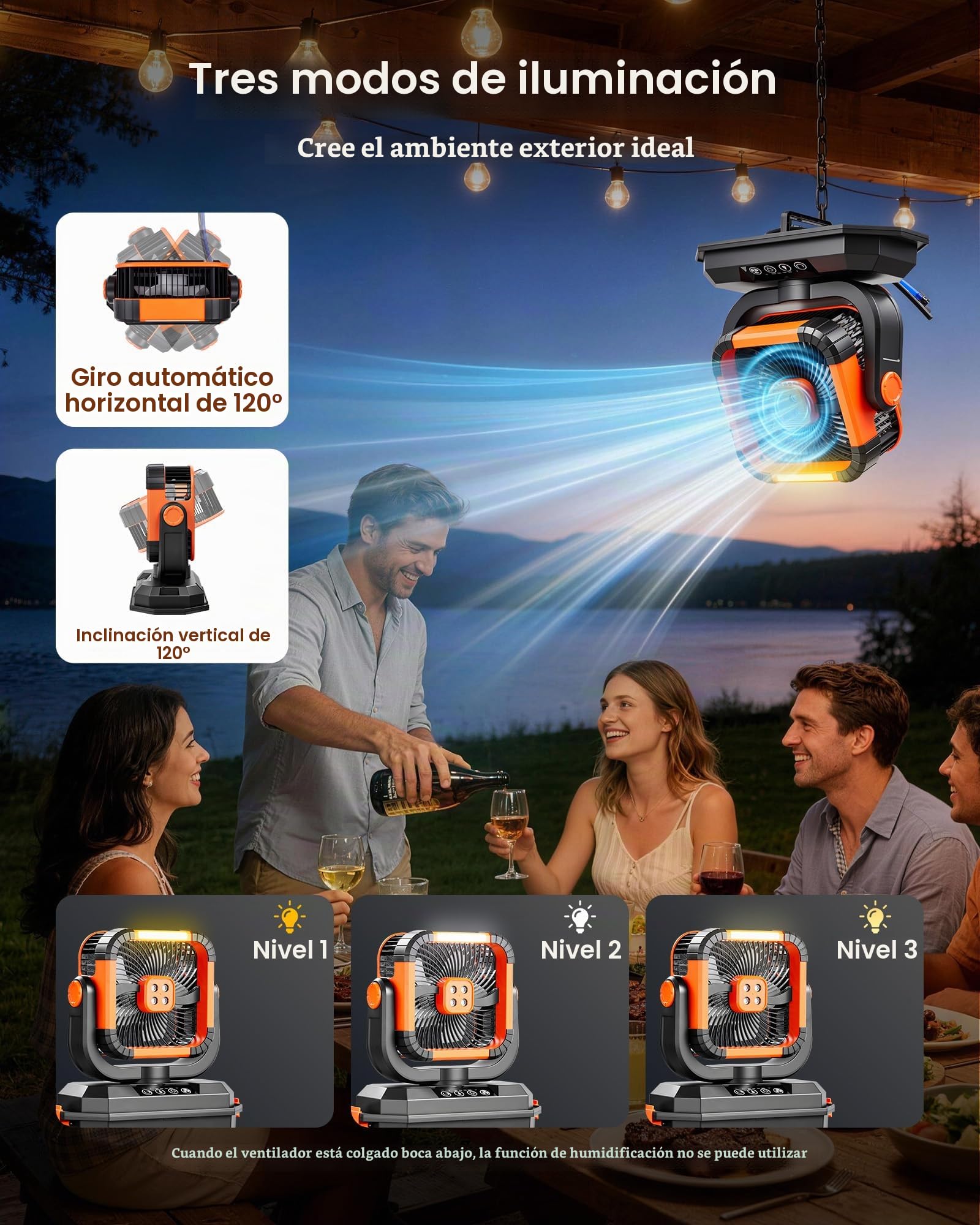 VEVOR Ventilador Nebulizador de Agua Motor de 2400 RPM, Ventilador Humidificador con Tanque de Agua de 12 L, Batería de 20.000 mAh, 4 Velocidades de Viento, 3 Modos de Iluminación, para Camping